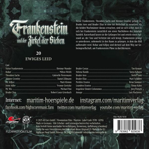 Text und Besetzungsliste auf einem CD-Cover mit dem Titel 'Frankenstein' und dunklem Thema.