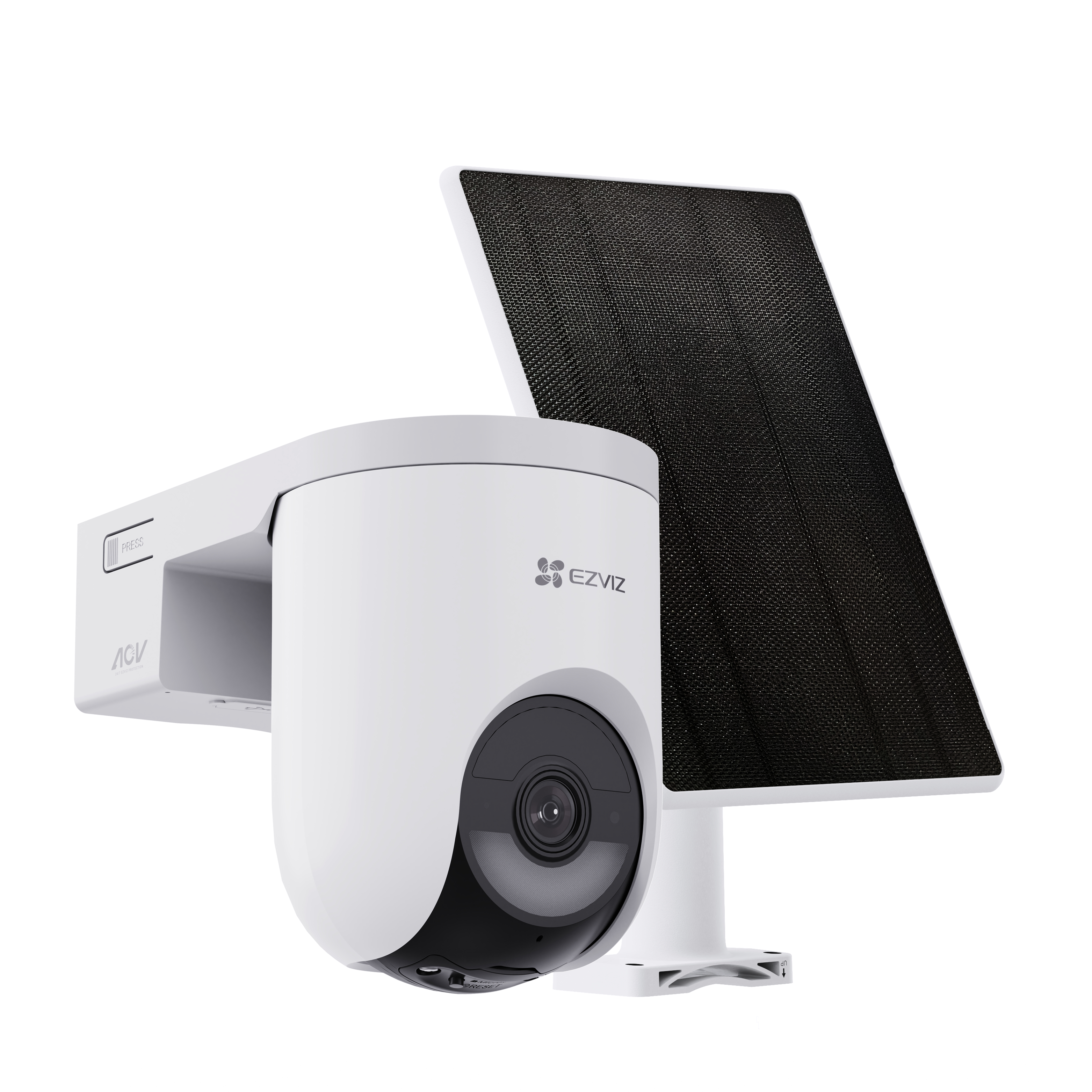 Weiße Überwachungskamera mit schwarzem Objektiv, Solarpanel rechts.