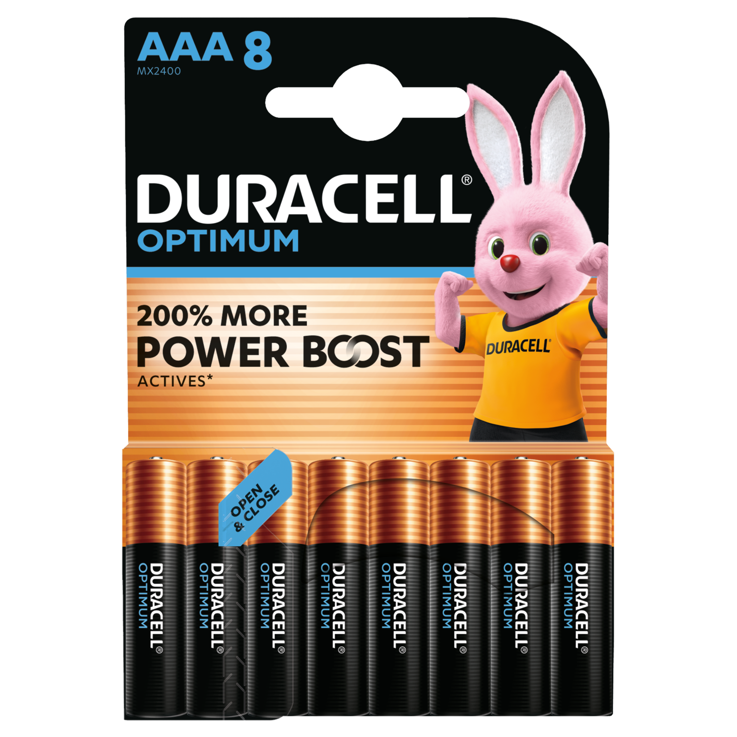 Duracell Optimum AAA-batterijen in een blisterverpakking, met het Duracell-konijn.