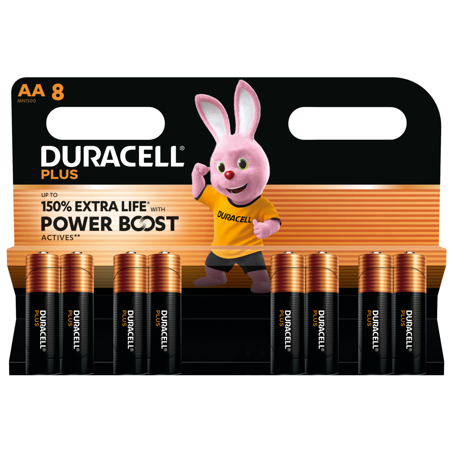 Duracell Plus AA-batterijen in een blisterverpakking, met het Duracell-konijn.