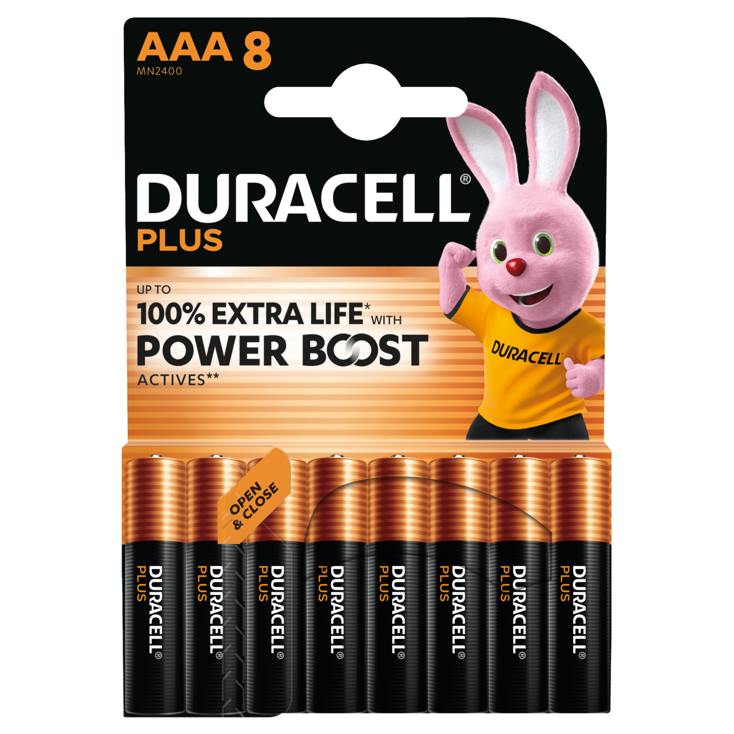 Duracell batterijverpakking met roze konijn. Batterijen zijn zichtbaar.