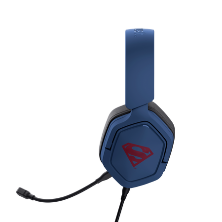 Niebieskie słuchawki Supermana, widok z boku, czarne tło.