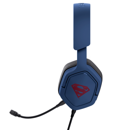 Niebieskie słuchawki Supermana, widok z boku, czarne tło.