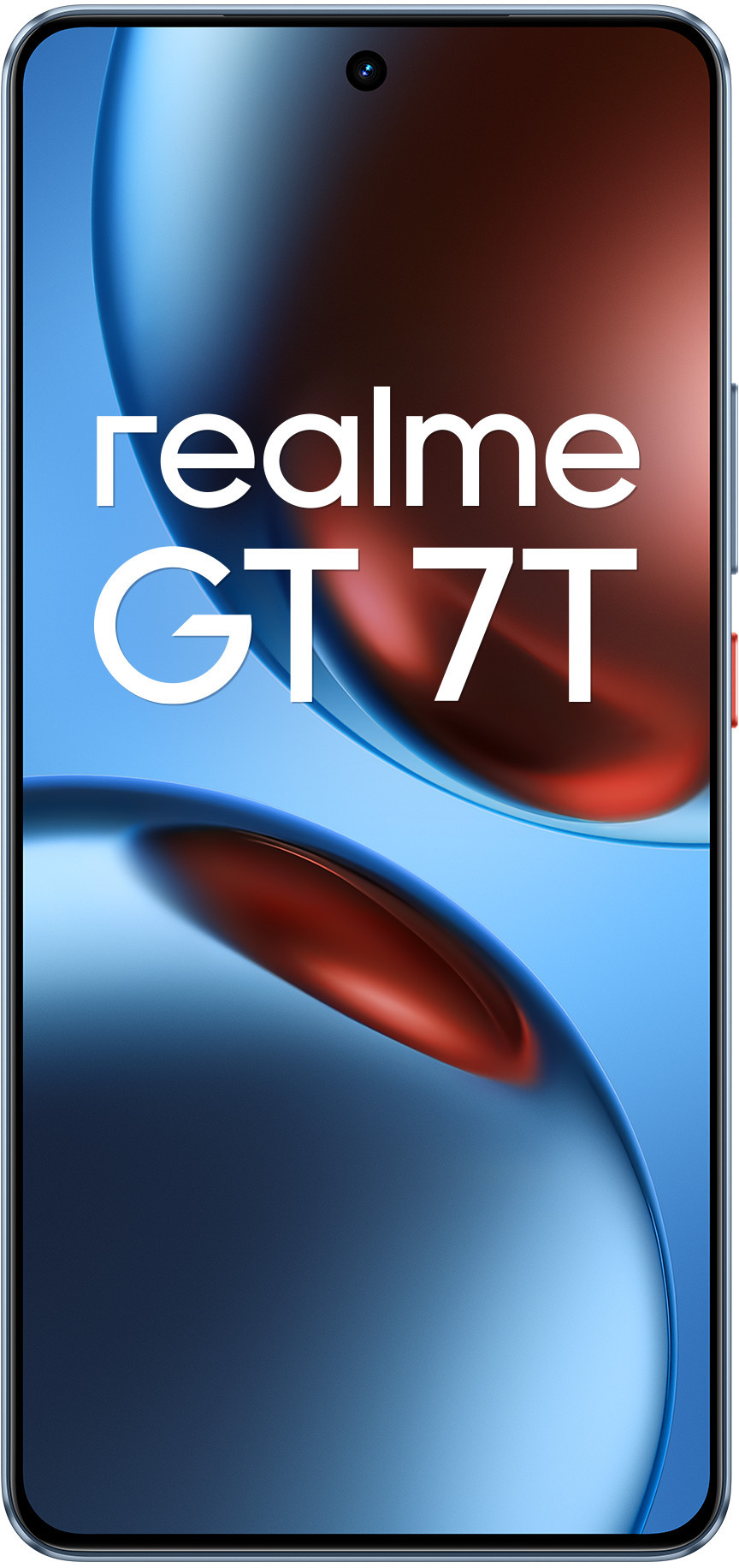 Smartfon z tekstem 'realme GT 7T' na ekranie, z niebieskim i czerwonym tłem.