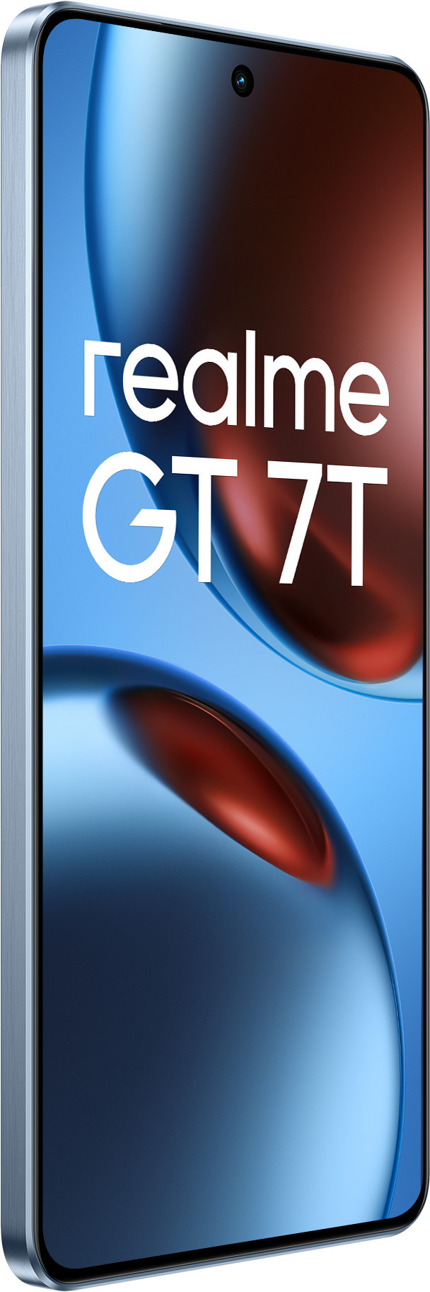 Smartfon z tekstem 'realme GT 7T', niebieska ramka. Widok z boku, lekkie pochylenie.