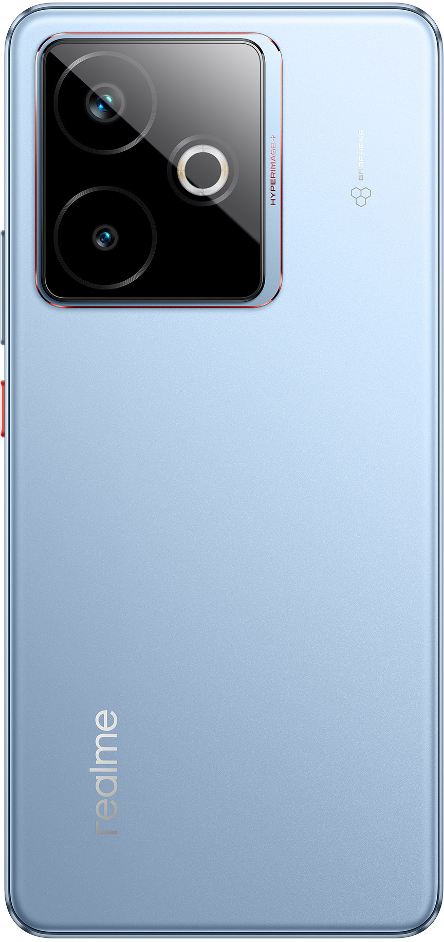Niebieski tył smartfona, z aparatami, lampą błyskową i logo realme. Widoczny tekst Hyperboost.