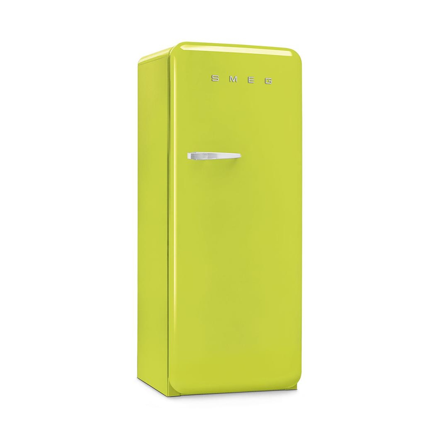 Frigorifero Smeg verde lime. Porta chiusa. Maniglia cromata. Logo Smeg in alto.