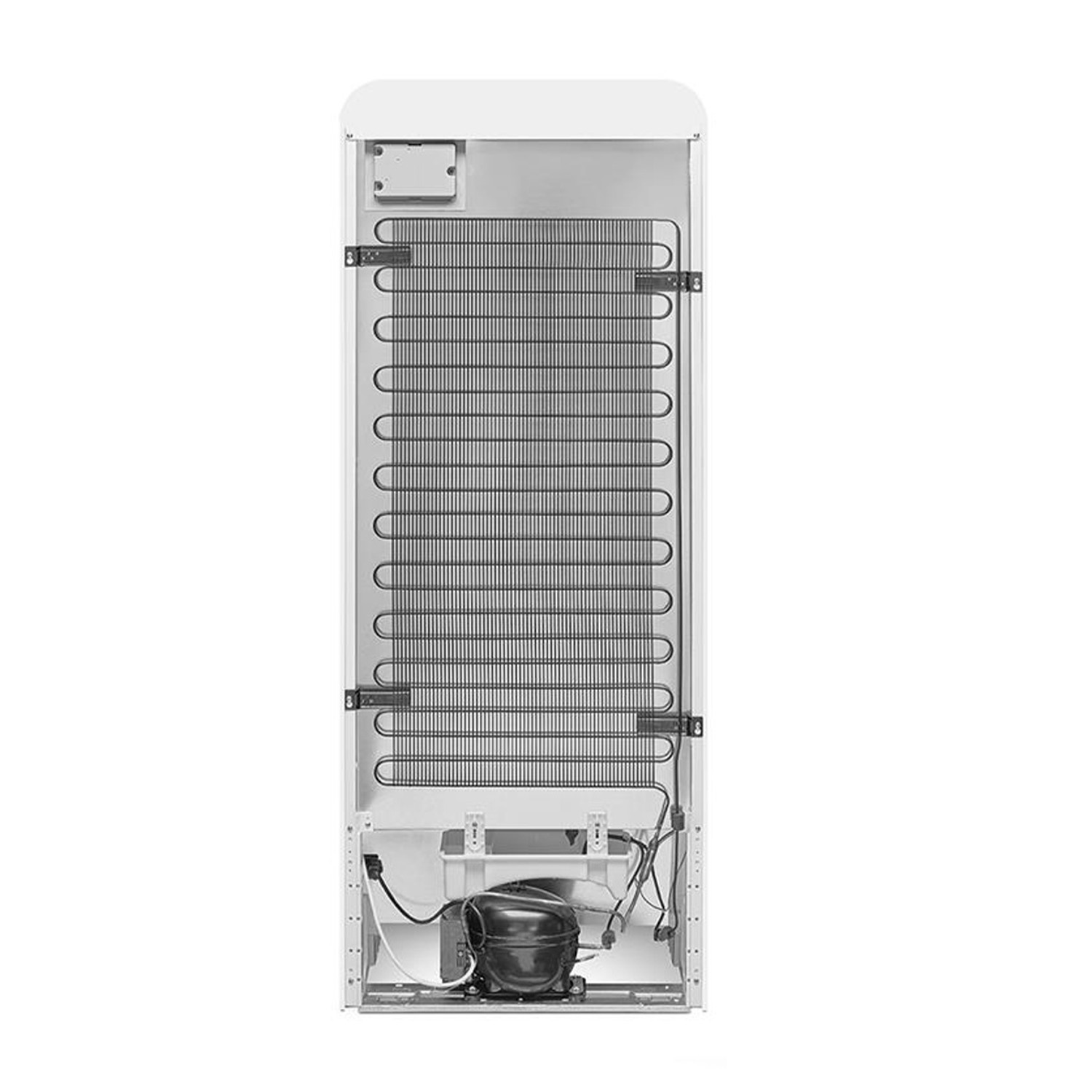 Retro di un frigorifero bianco. Griglia e compressore neri visibili.