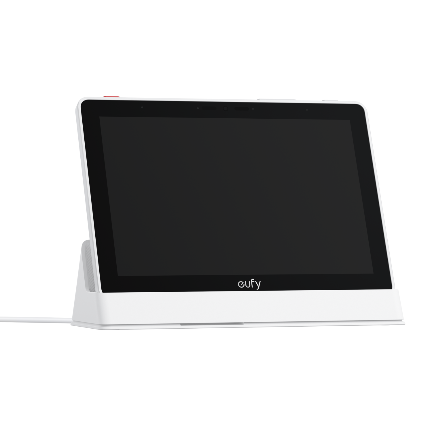 Een witte tablet op een witte standaard met een leeg zwart scherm.