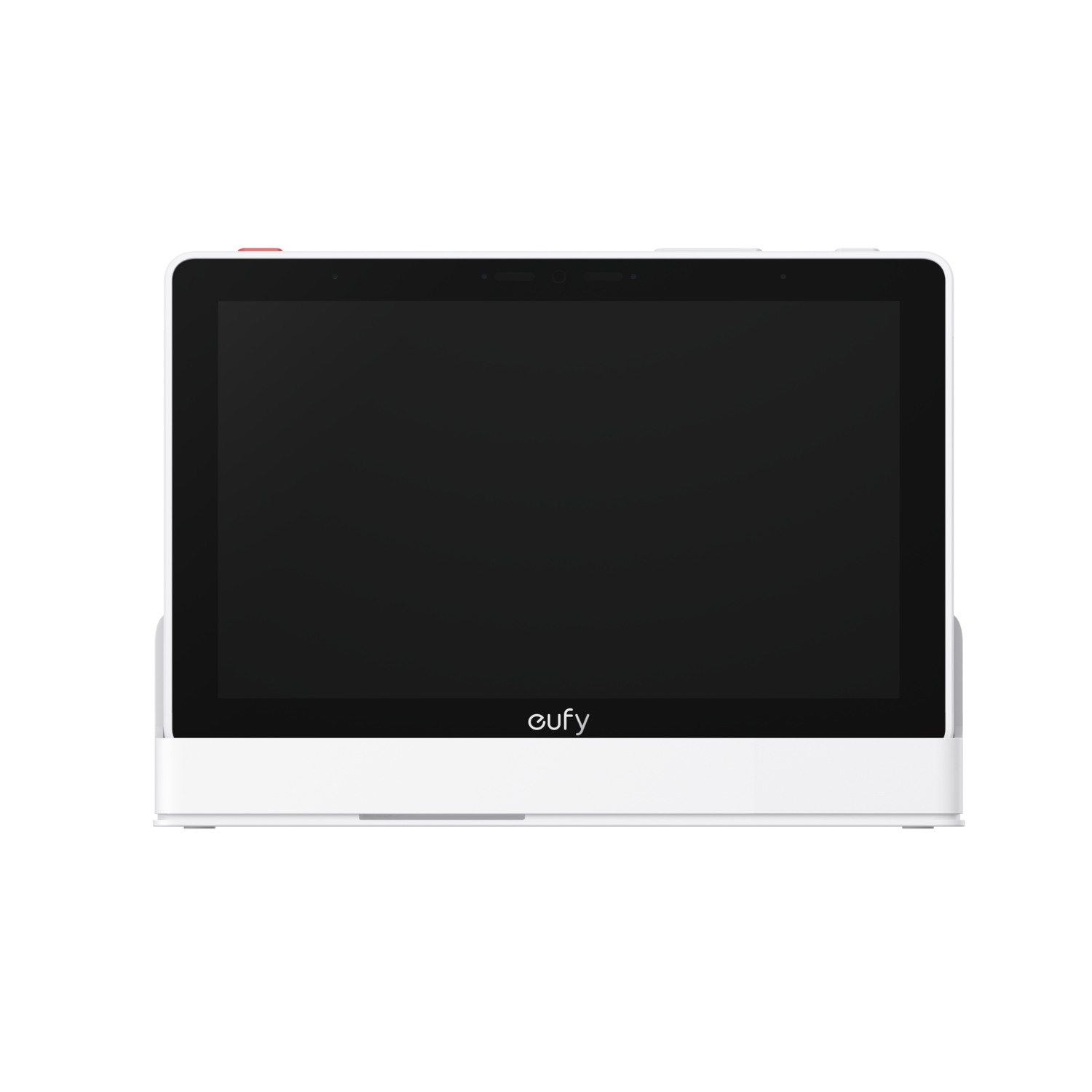 Een witte tablet op een witte standaard met een leeg zwart scherm.