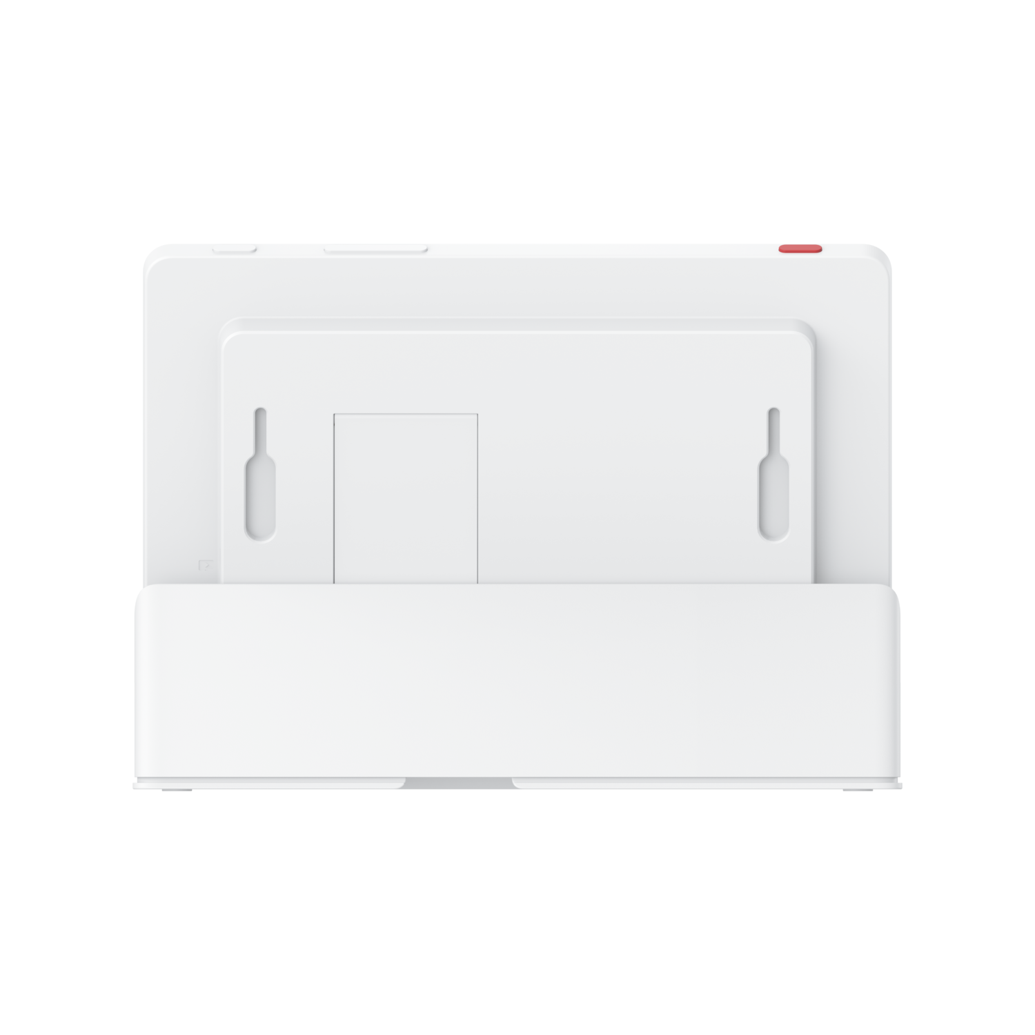 De achterkant van een witte tablet met een witte standaard, met montagegaten.