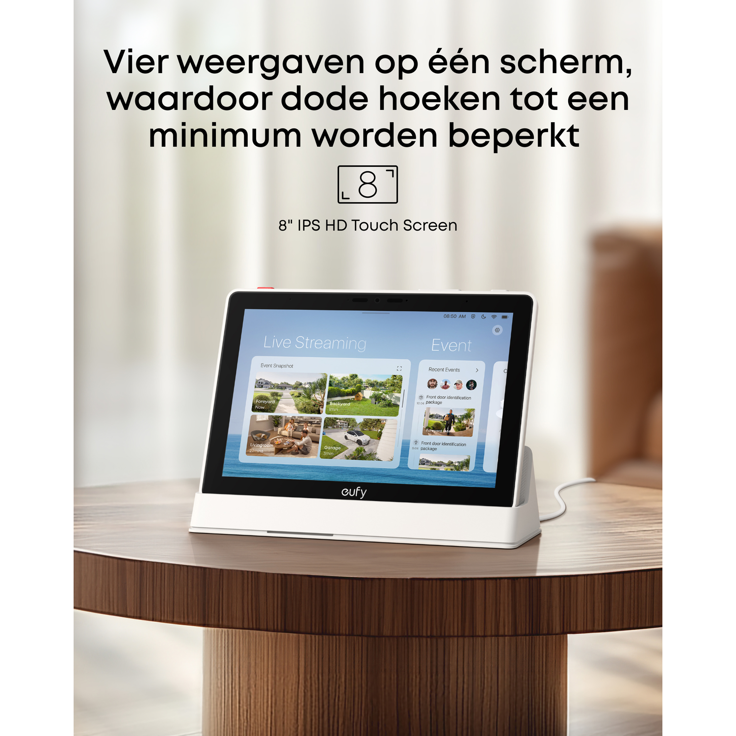 Witte tablet op een houten tafel, met live streaming en een evenementenscherm.