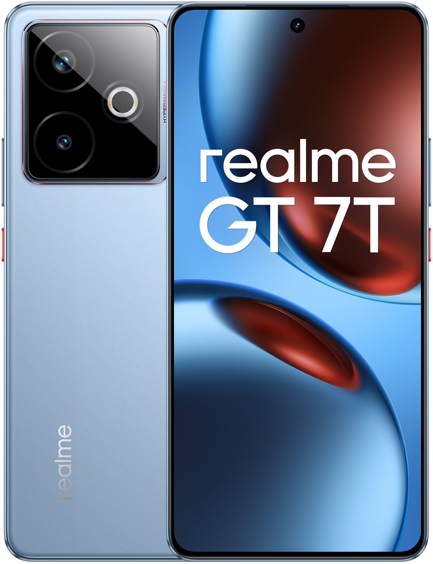 Niebieski telefon Realme GT 7T z aparatem i ekranem. Telefon jest na białym tle.