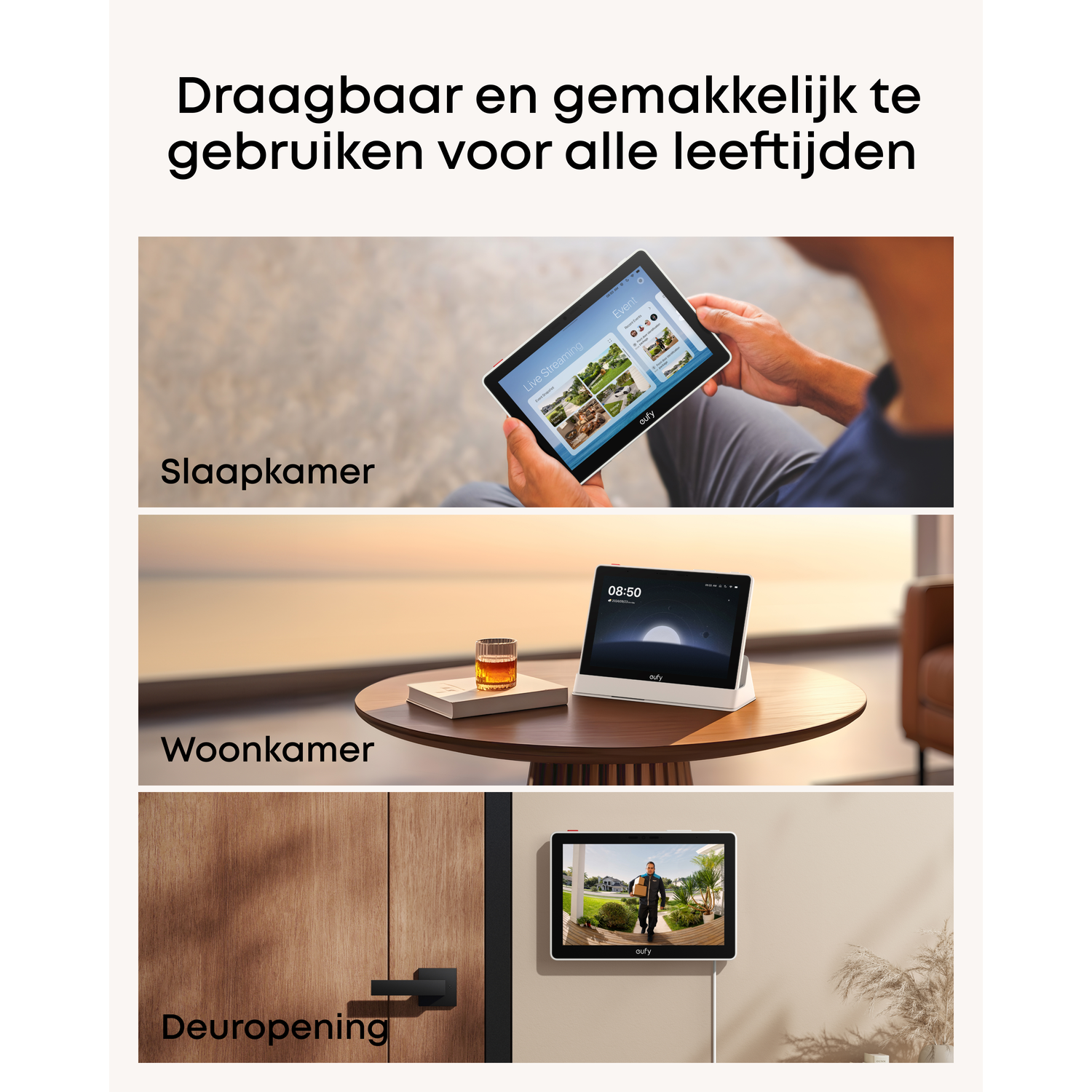Tablet toont beveiligingsbeelden thuis. Inclusief slaapkamer, woonkamer en deuropeningsscènes.
