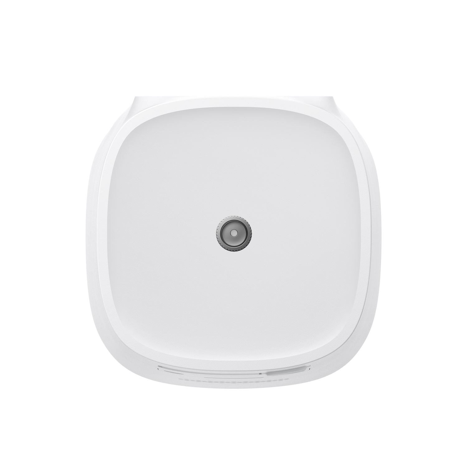 Een wit, vierkant apparaat met een centraal, zilverkleurig cirkelvormig kenmerk.