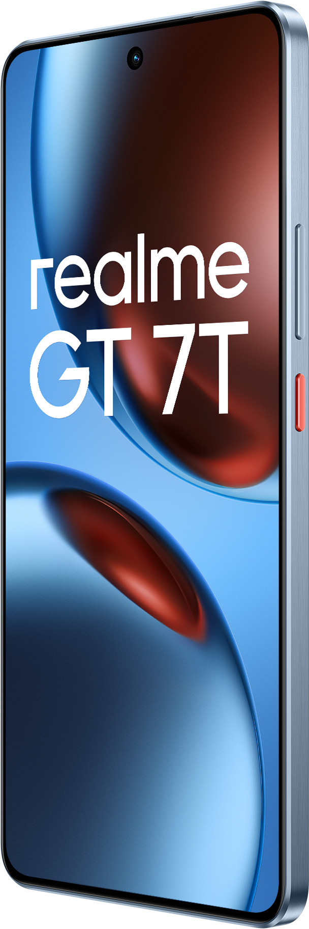 Telefon Realme GT 7T w kolorze niebieskim z ekranem wyświetlającym niebiesko-czerwony abstrakcyjny wzór.