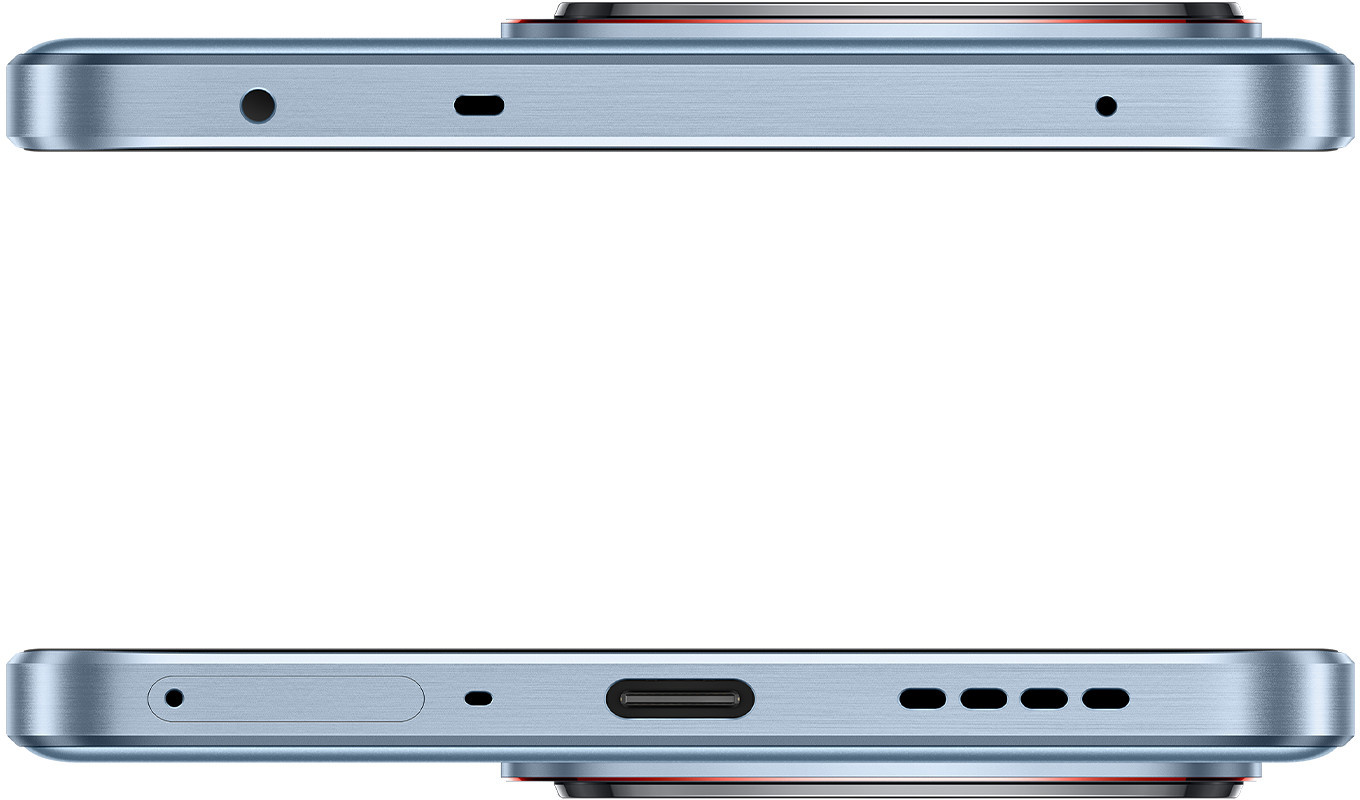 Widoki z góry i z dołu niebieskiego telefonu Realme GT 7T, pokazujące porty i otwory.