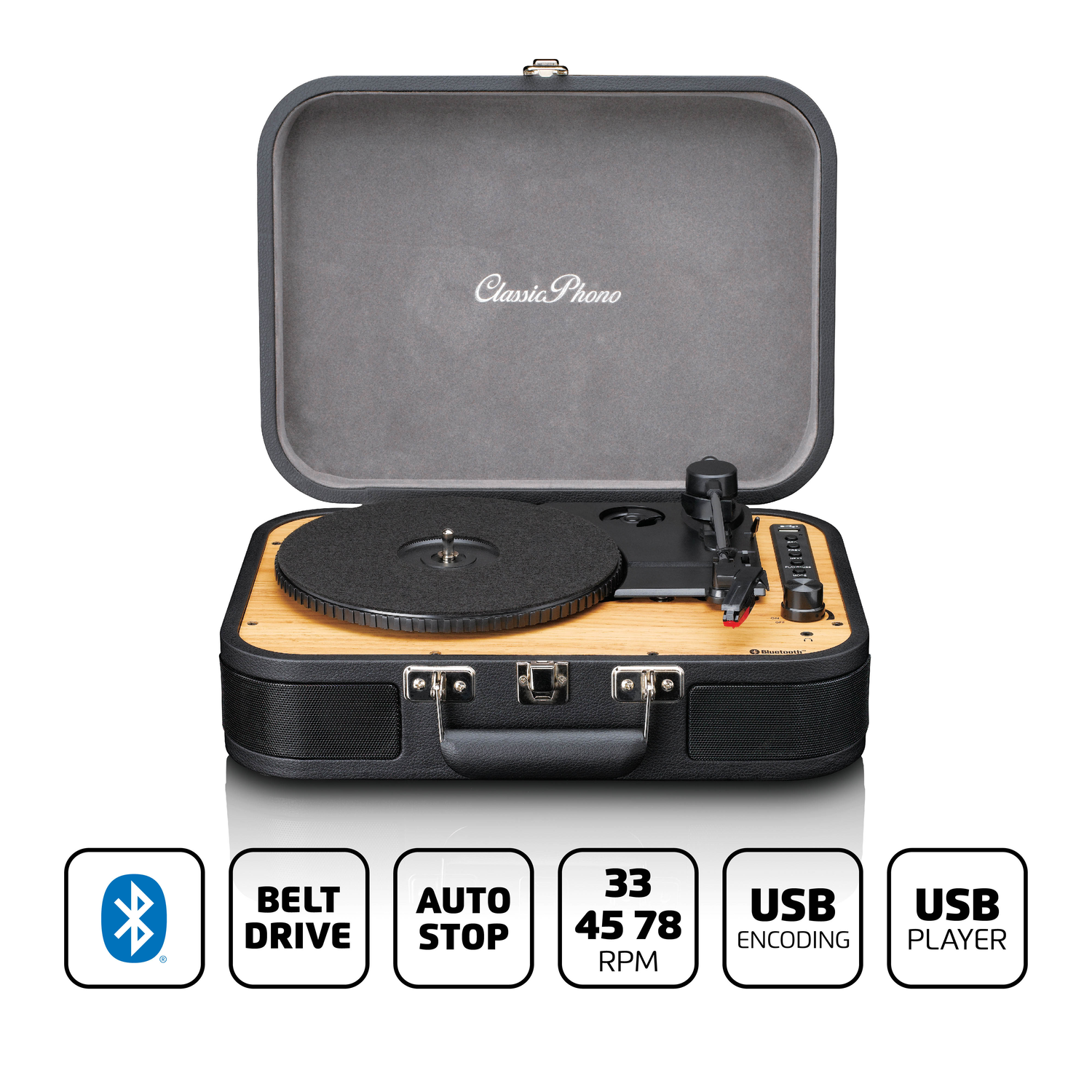 Een zwarte platenspelerkoffer met pictogrammen: Bluetooth, riemaandrijving, automatische stop, 33-45-78 RPM, USB en USB-speler.