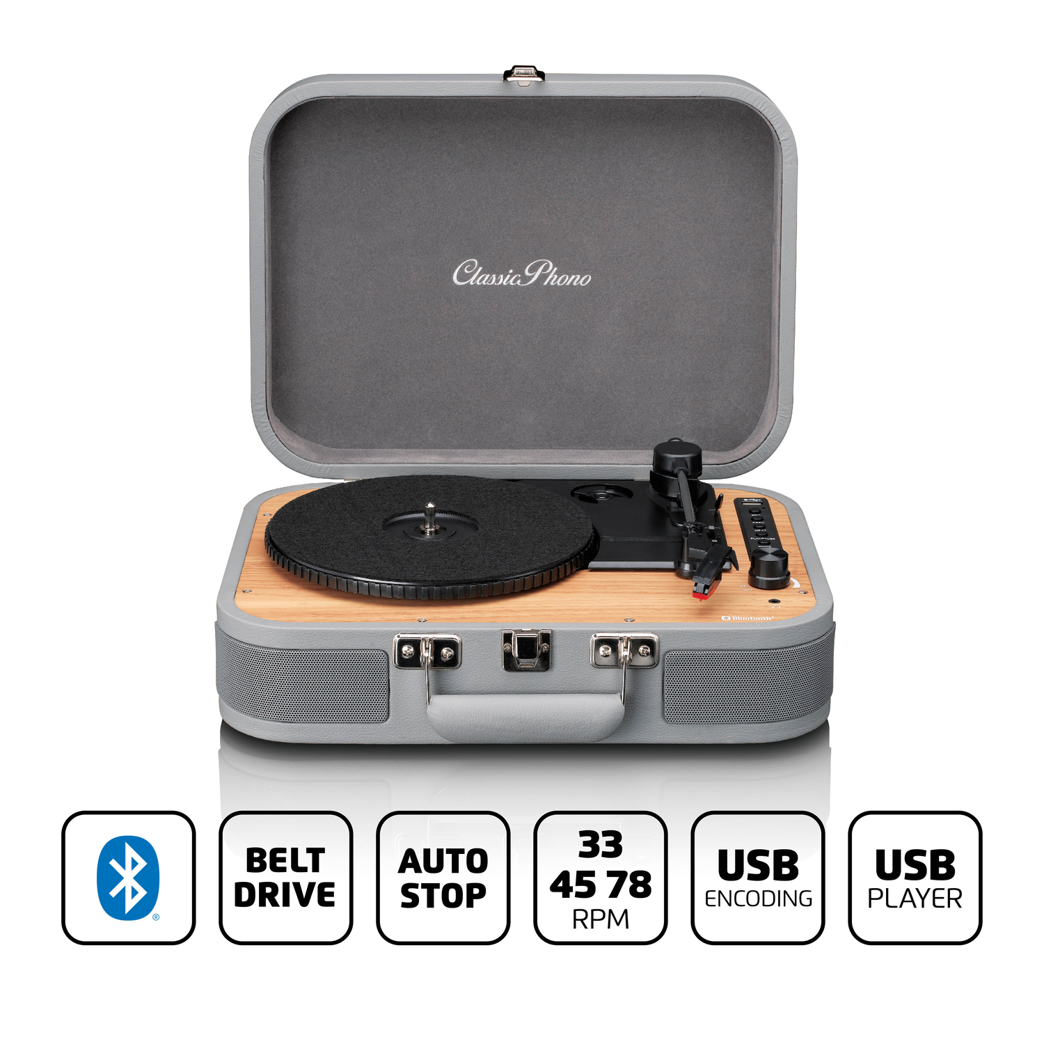 Gray Classic Phono turntable with icons. Record spinning.  Wooden panel with buttons and controls.
