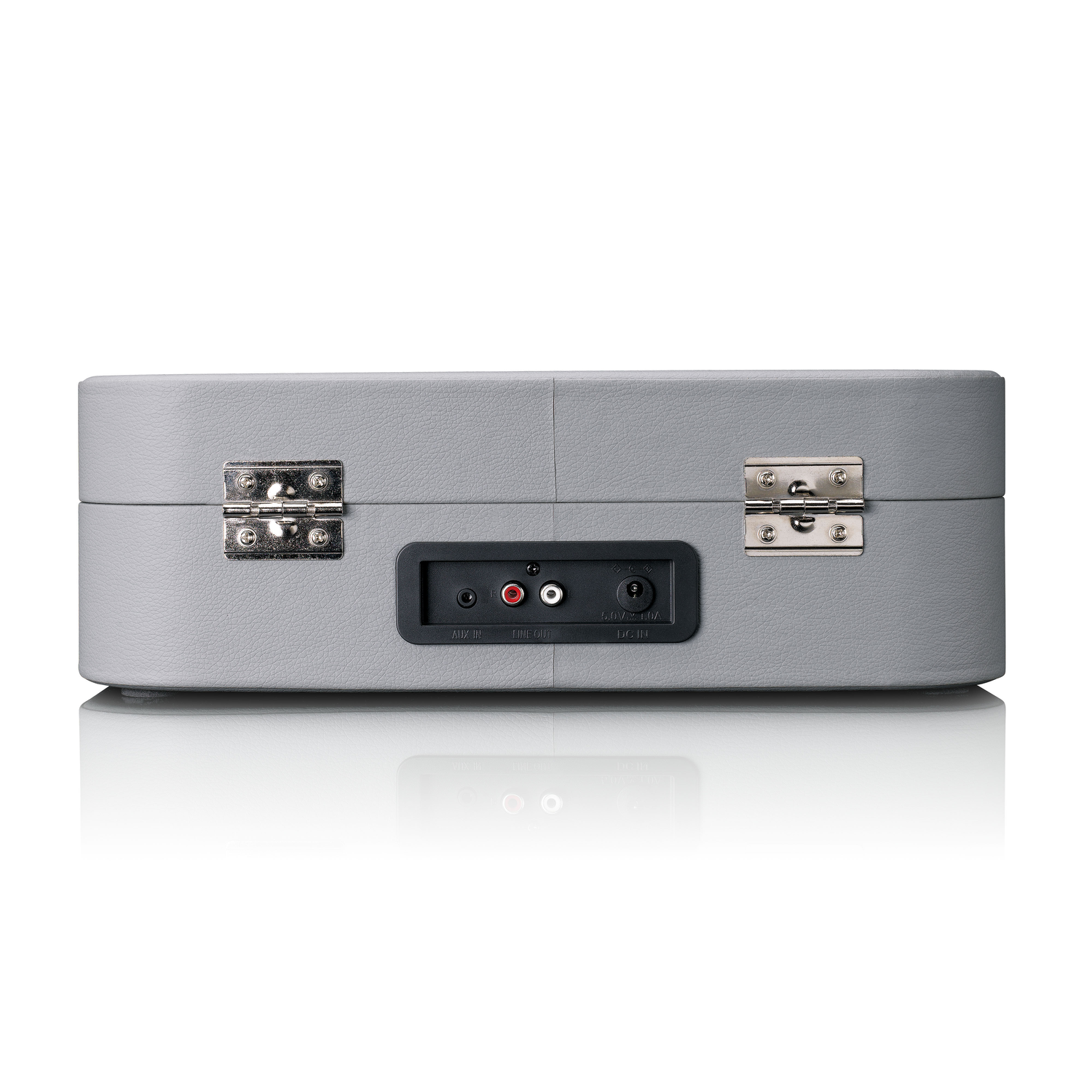 Back of gray record player.  Input/output ports visible. Silver hinges and clasps.