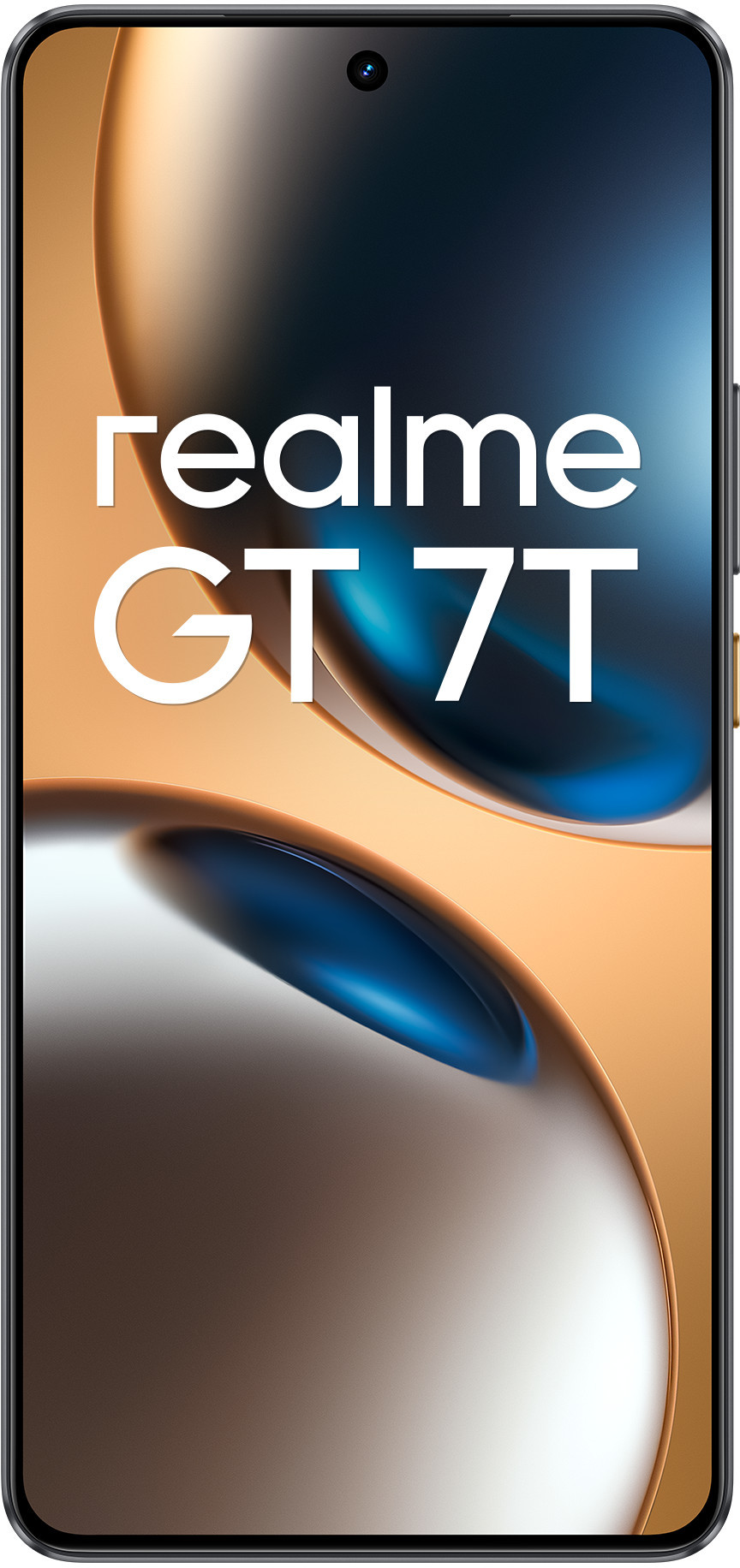 Telefon Realme GT 7T, widok z przodu. Złoto-niebieski gradient na wyświetlaczu. Tekst Realme GT 7T.