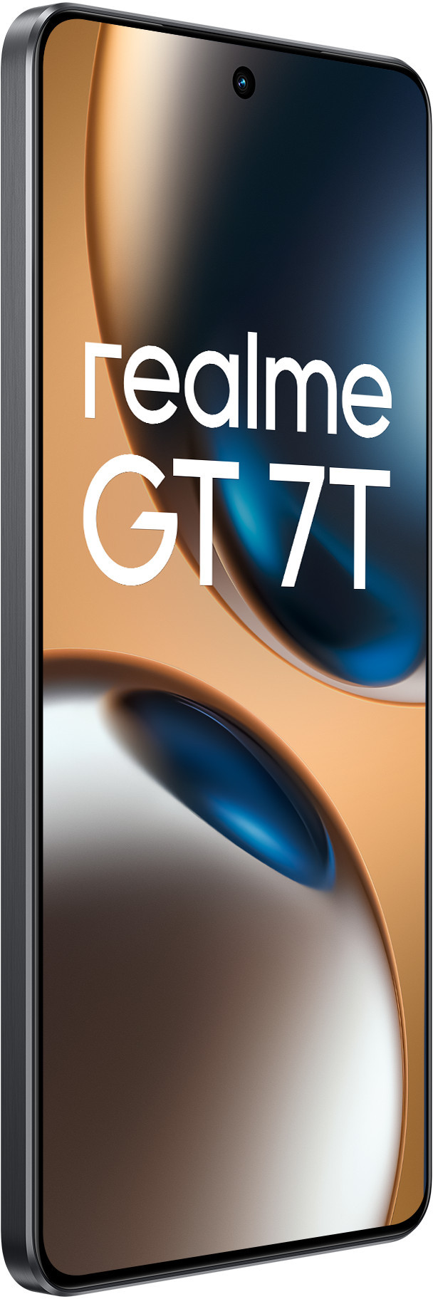 Telefon Realme GT 7T, widok z boku. Złoty akcent na przycisku. Tekst Realme GT 7T na wyświetlaczu.