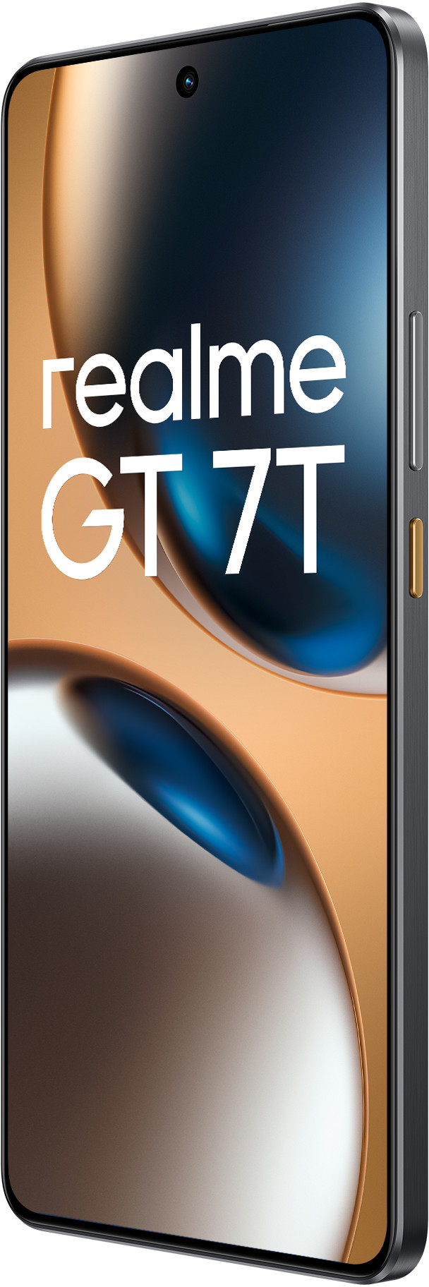Telefon Realme GT 7T, widok z boku. Złoty akcent na przycisku. Tekst Realme GT 7T na wyświetlaczu.