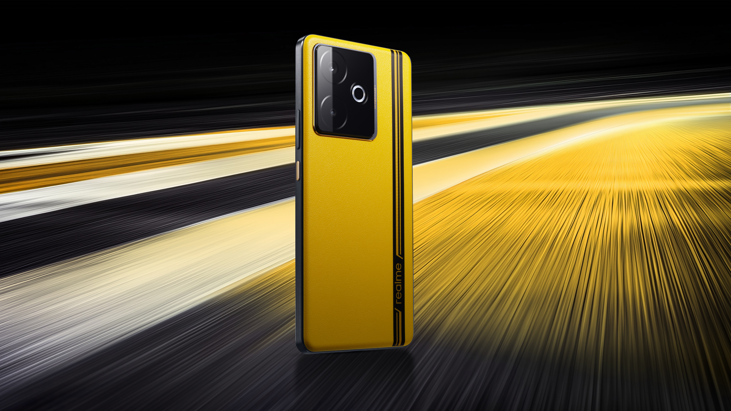 Żółty telefon Realme w ruchu. Czarno-żółte paski i czarne tło z żółtymi światłami.