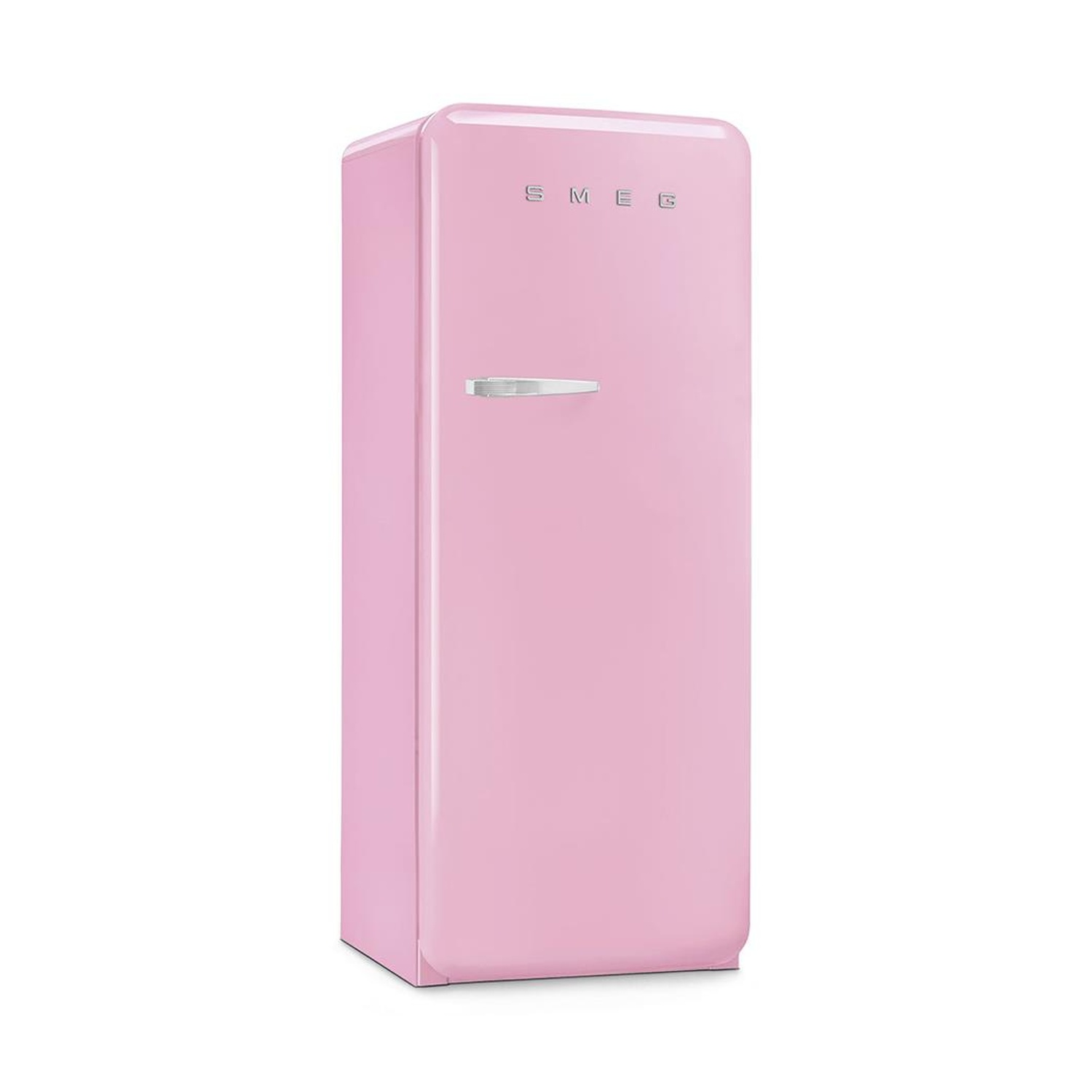 Frigorifero SMEG rosa. Maniglia argentata. Sfondo bianco.