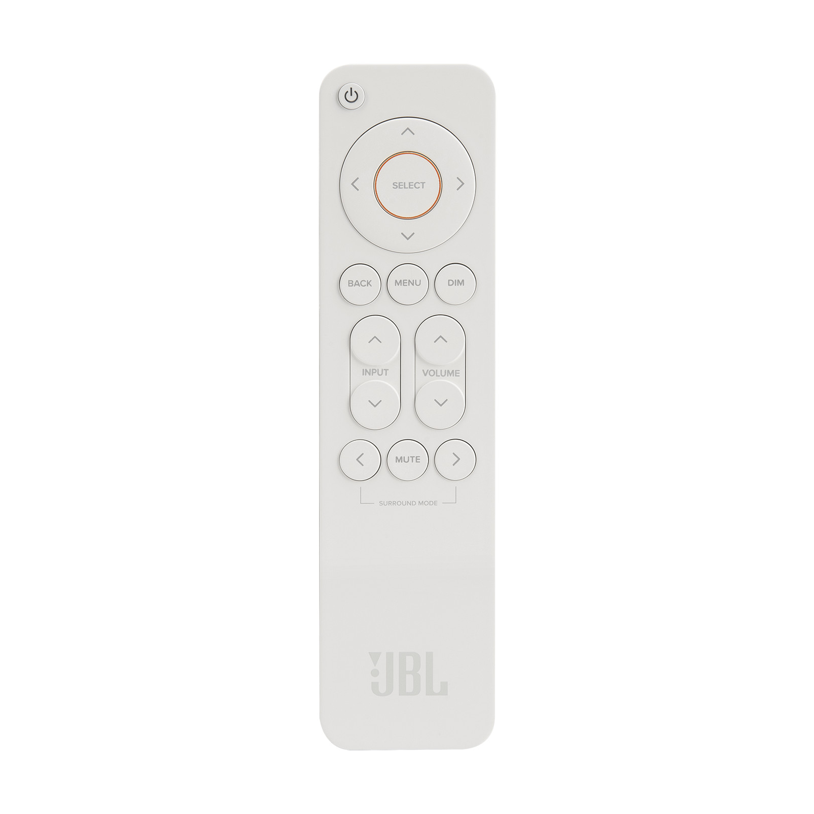 Beyaz JBL uzaktan kumandası. Giriş, ses ve surround modu için çeşitli düğmeler.