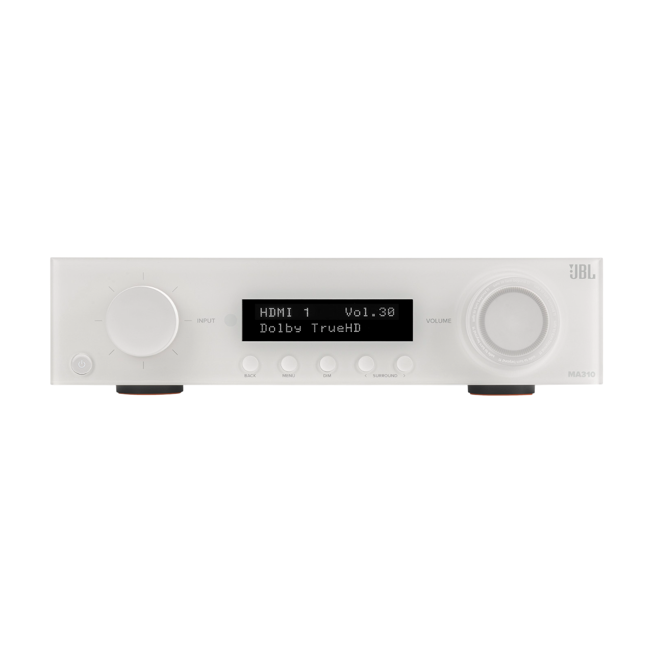 Beyaz JBL MA310 alıcısı. Ön görünüm giriş, ekran ve ses kontrolünü gösterir. JBL logosu mevcuttur.