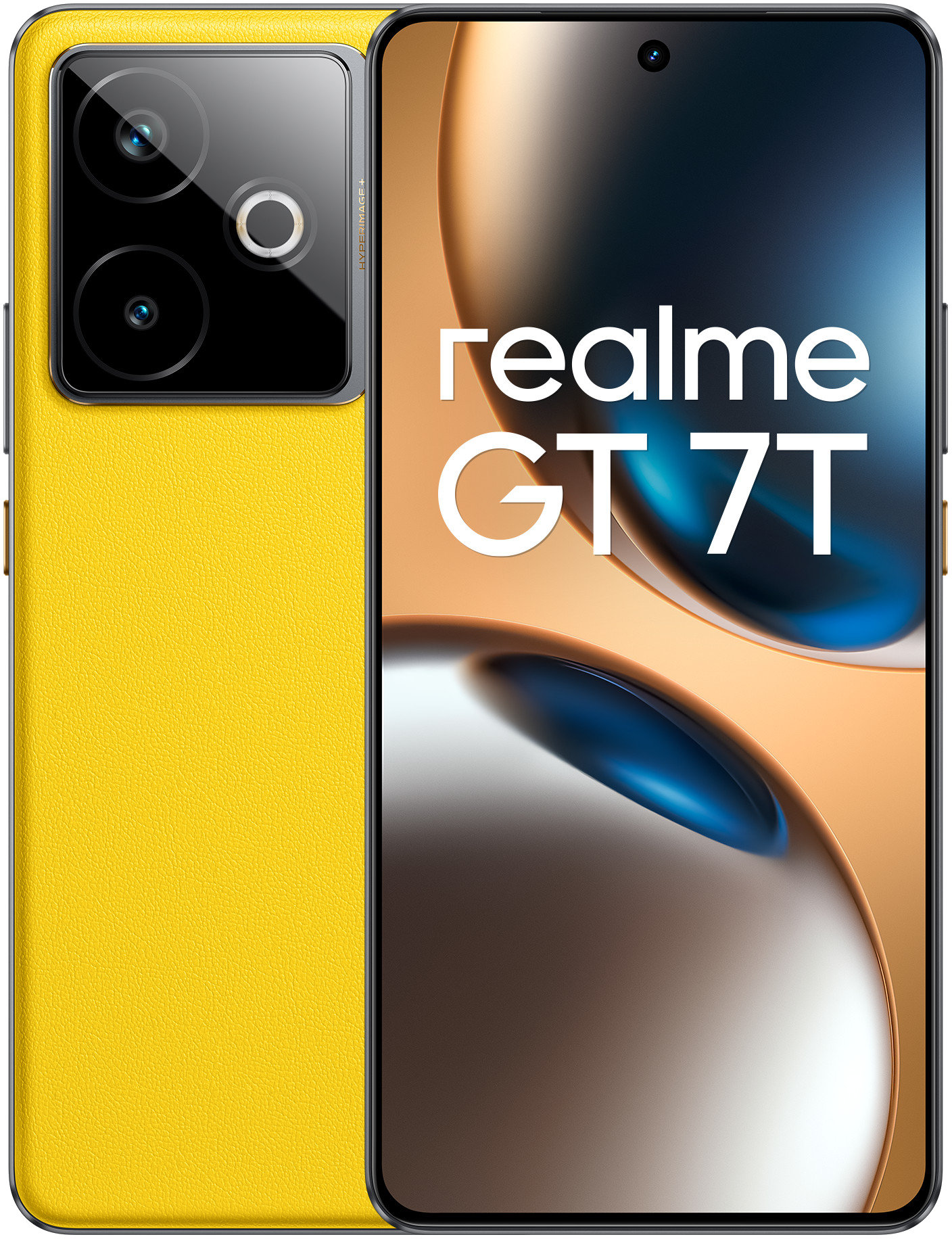 Telefon Realme GT 7T, widok z przodu. Złoto-niebieski gradient na wyświetlaczu. Tekst Realme GT 7T.