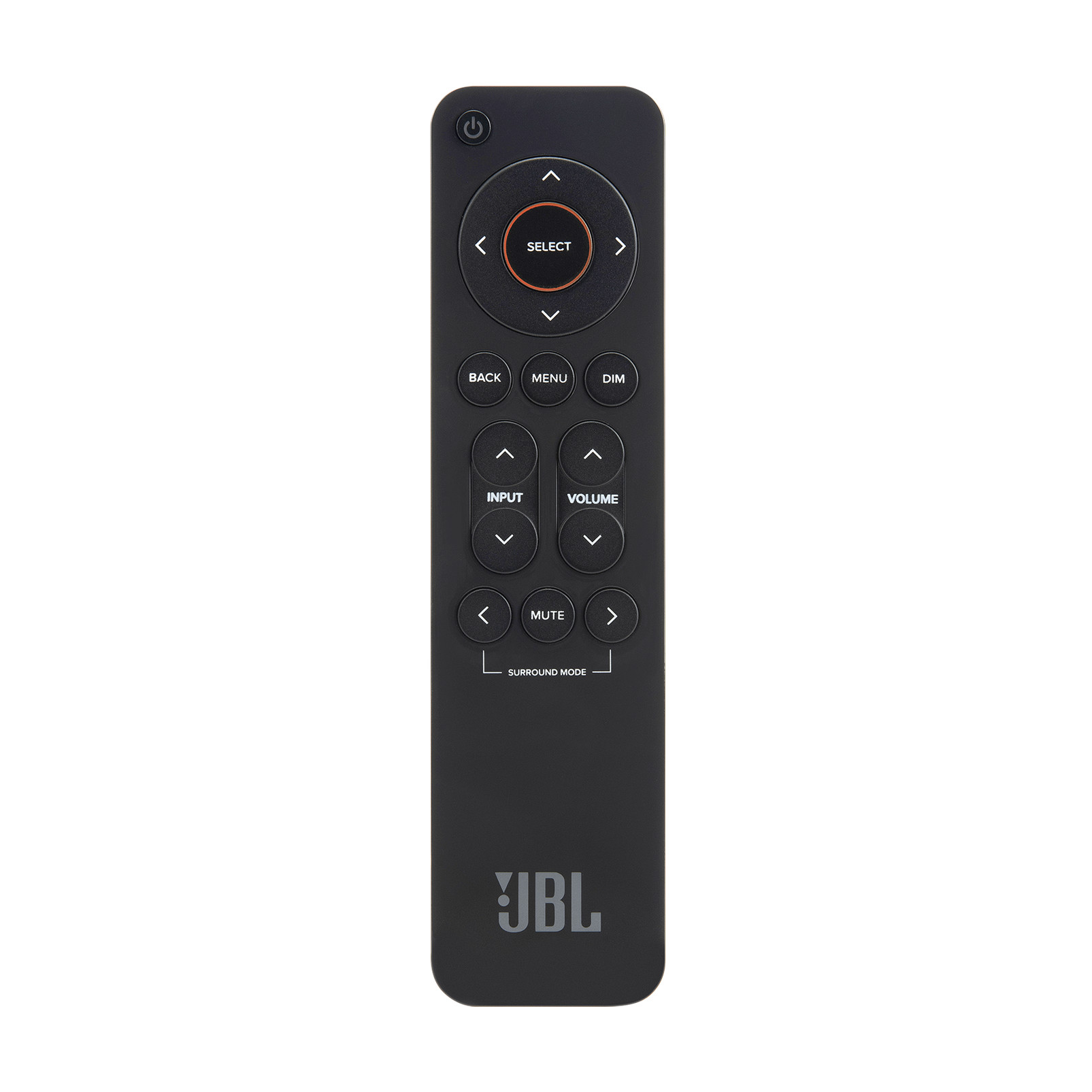 Siyah JBL uzaktan kumandası. Giriş, menü, ses, sessize alma ve surround modu için düğmeleri vardır.