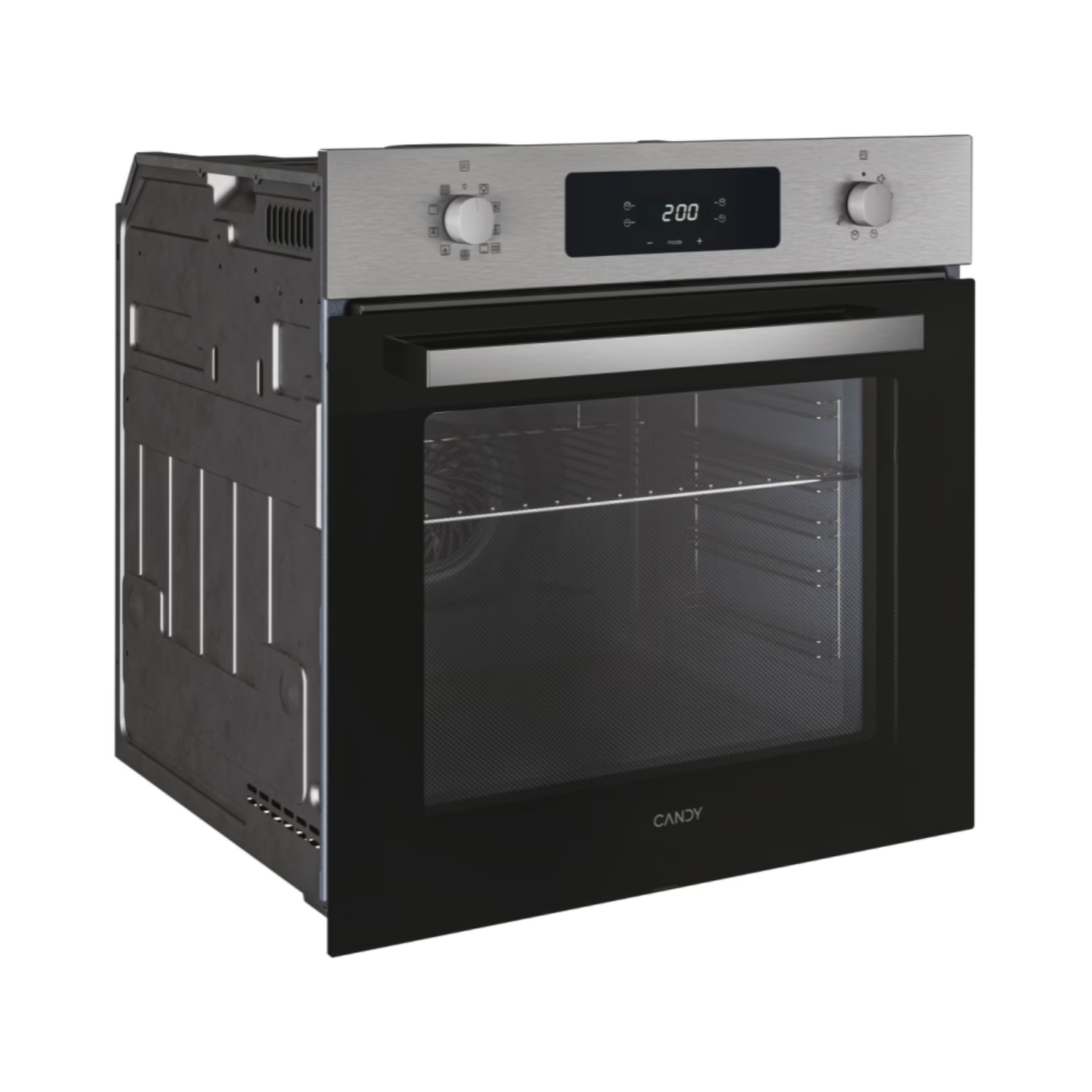 Forno con parte superiore in acciaio inox e porta nera. La porta è leggermente aperta.