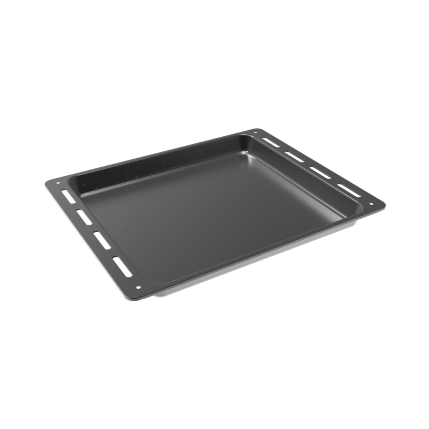 Teglia da forno nera su sfondo bianco. Ha una forma rettangolare.