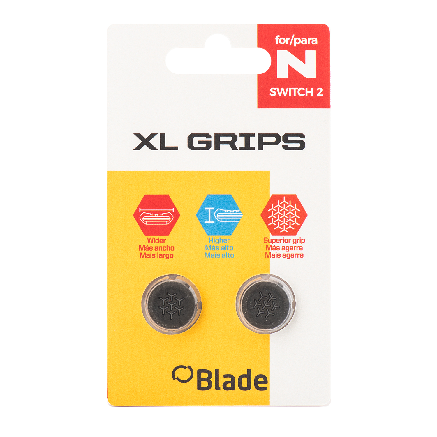Gamecontroller-Griffe. Zwei schwarze, strukturierte Griffe in einer Verpackung. Text: 'XL GRIPS' und 'Blade'.