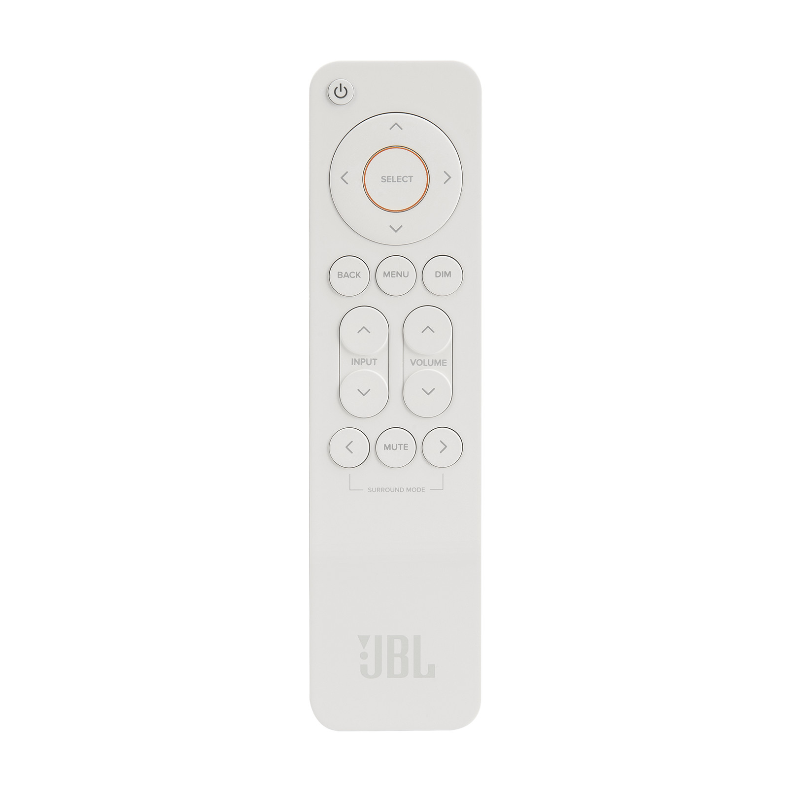 Birçok düğmesi olan beyaz JBL uzaktan kumandası. Oklar, giriş, ses düzeyi, sessize alma ve surround modu seçenekleri.