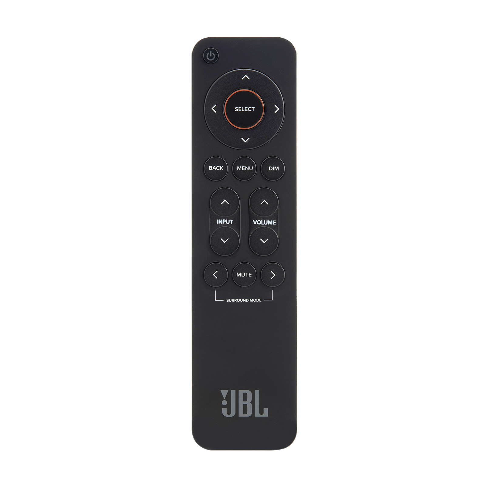 Oklar, giriş, ses düzeyi, sessize alma düğmeleri ve surround modu seçeneği olan siyah JBL uzaktan kumandası.