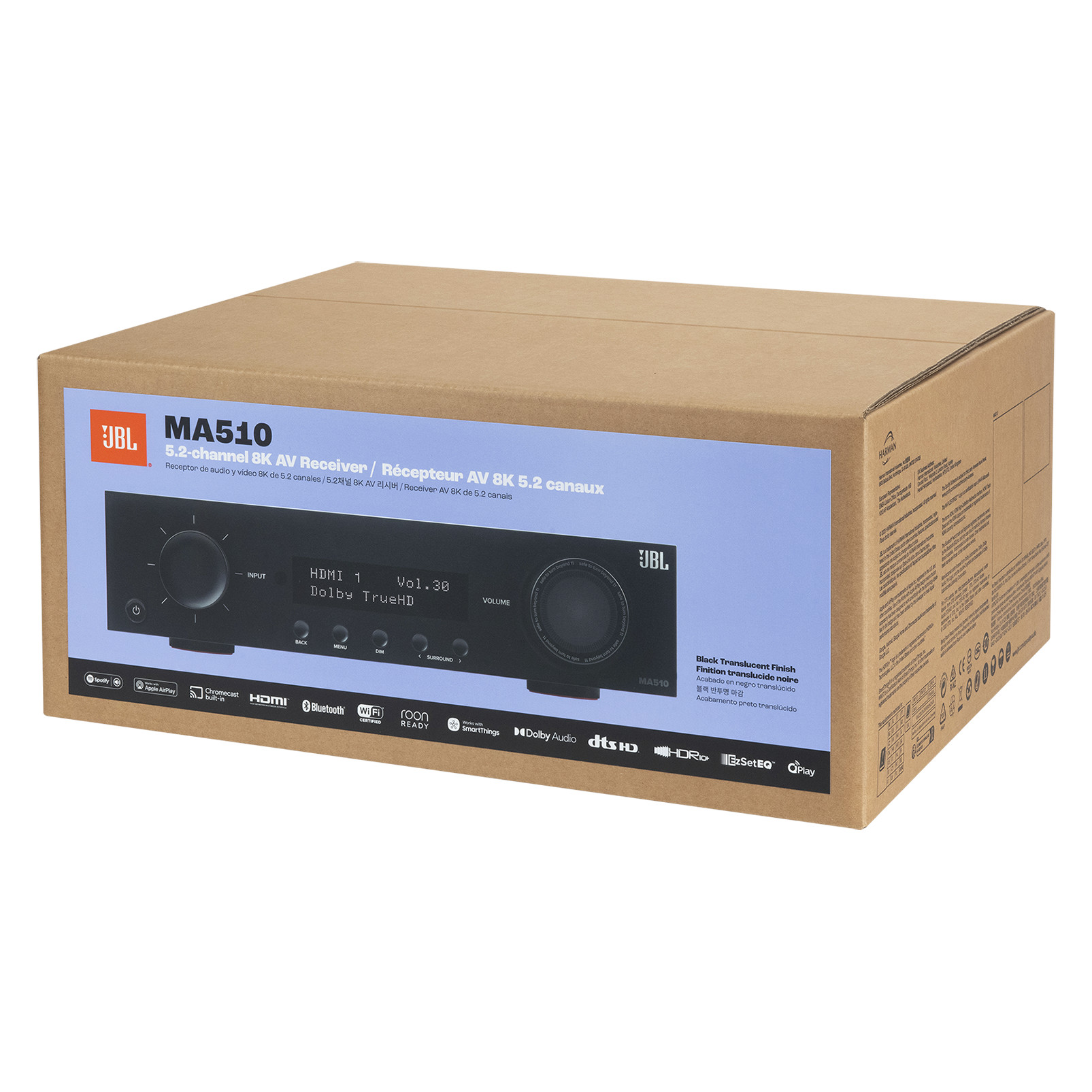 JBL MA510 AV alıcı kutusu. Ön görünüm, siyah arka plan ve mavi metin içeren bir alıcı şeması gösterir.