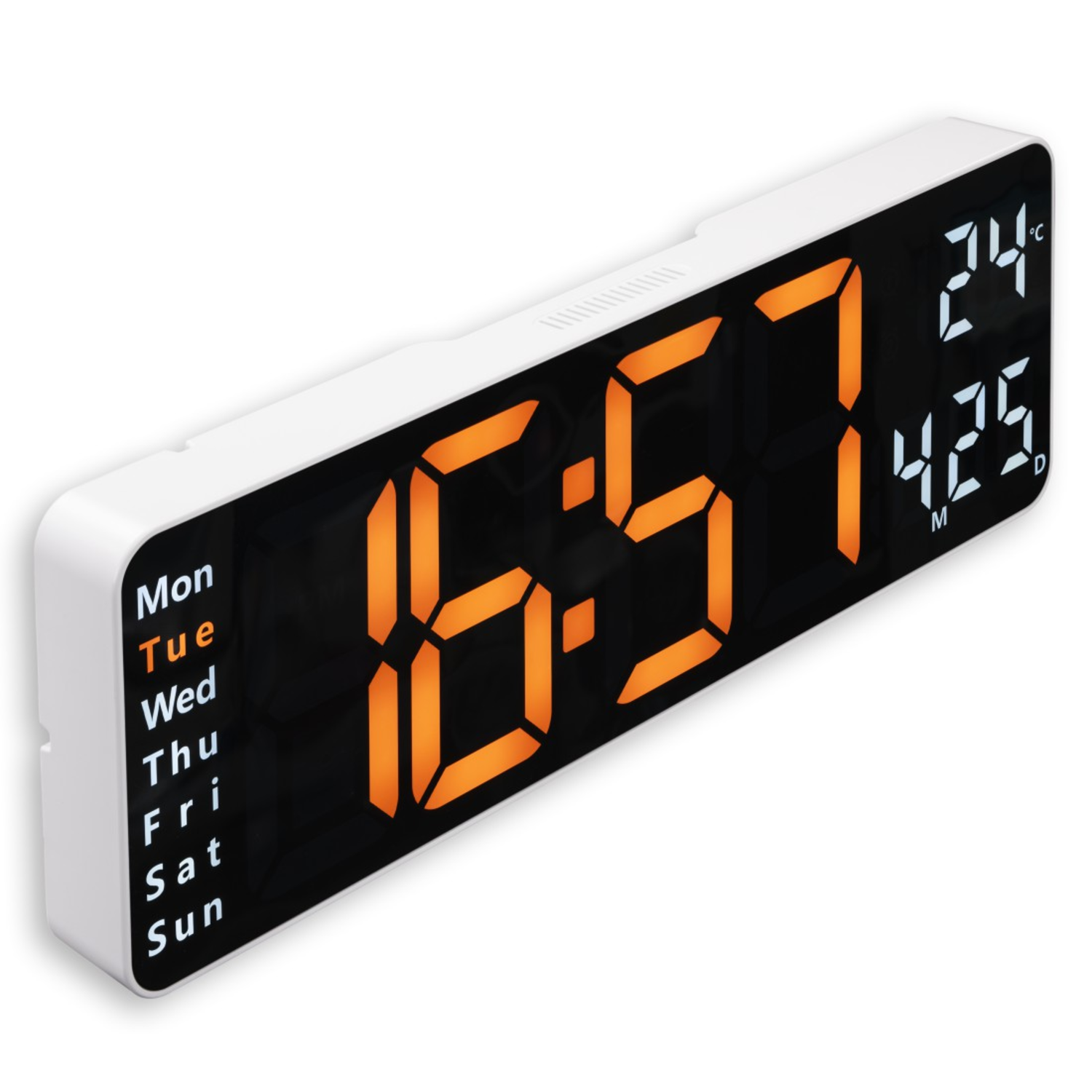 Witte digitale klok met tijd, datum en temperatuur met oranje cijfers.