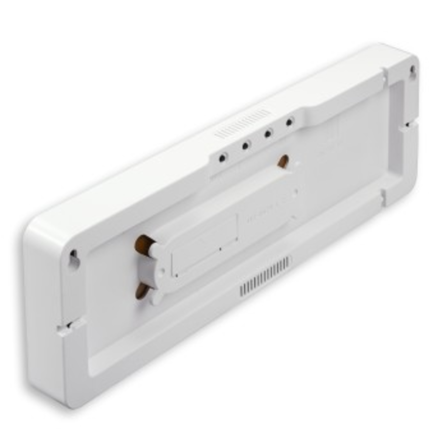 Achteraanzicht van een witte digitale klok met montagehardware en ventilatiesleuven.
