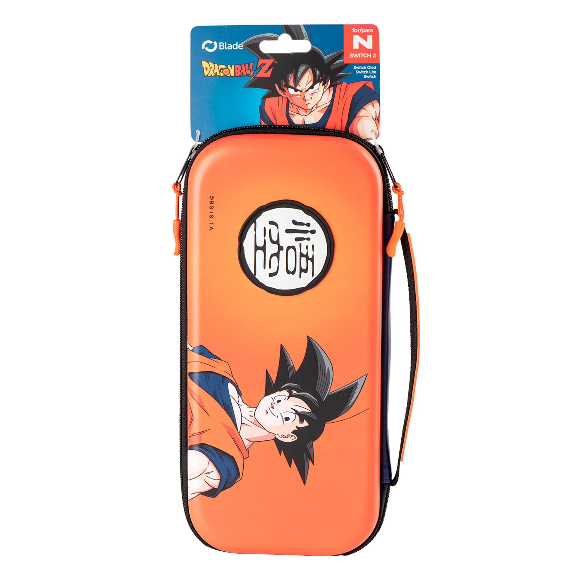 Orangefarbene Dragon Ball Z Switch-Hülle mit Goku-Kunst. Die Hülle hängt mit einem Blade-Logo daran.