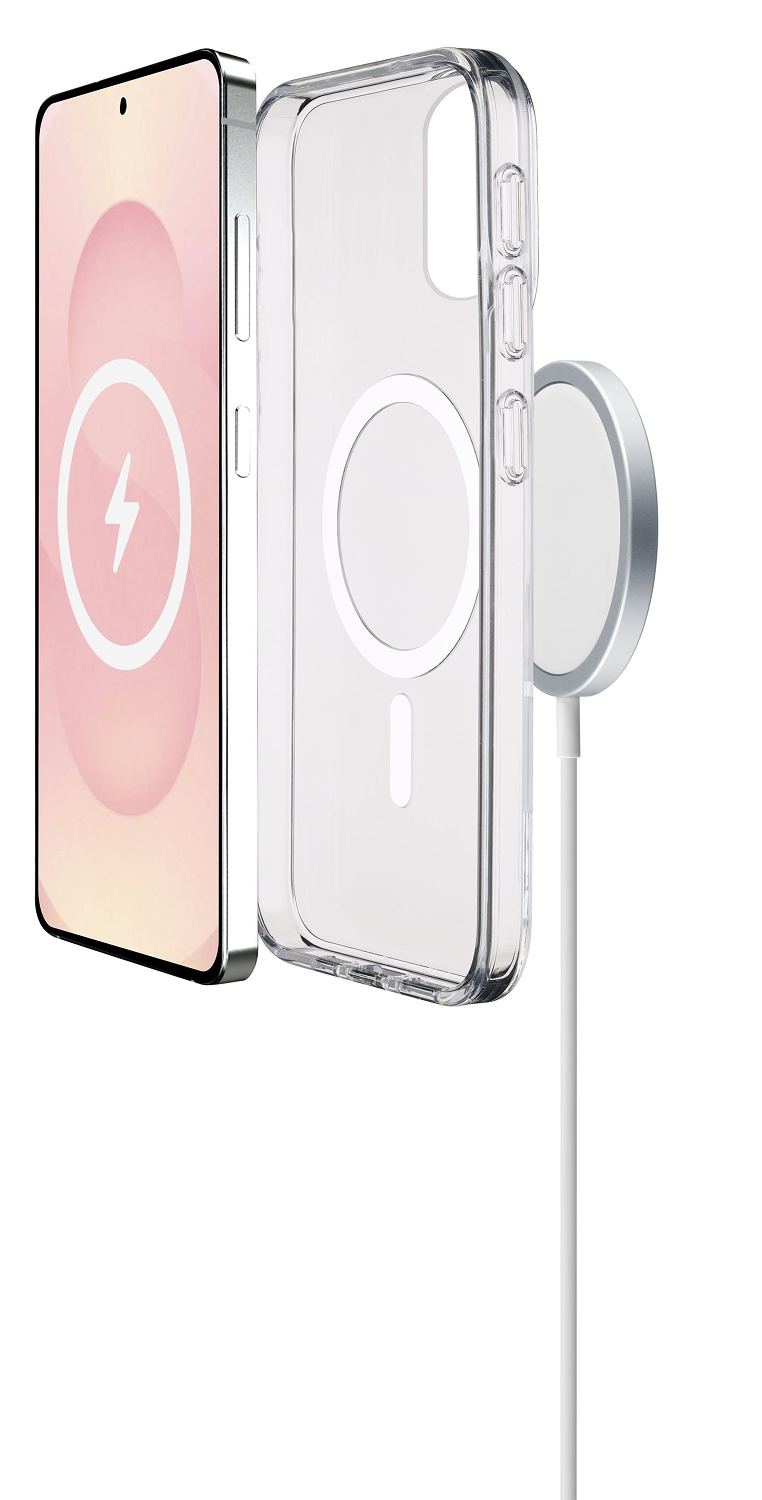 Teléfono con funda transparente y cargador magnético. Símbolo de carga en pantalla.