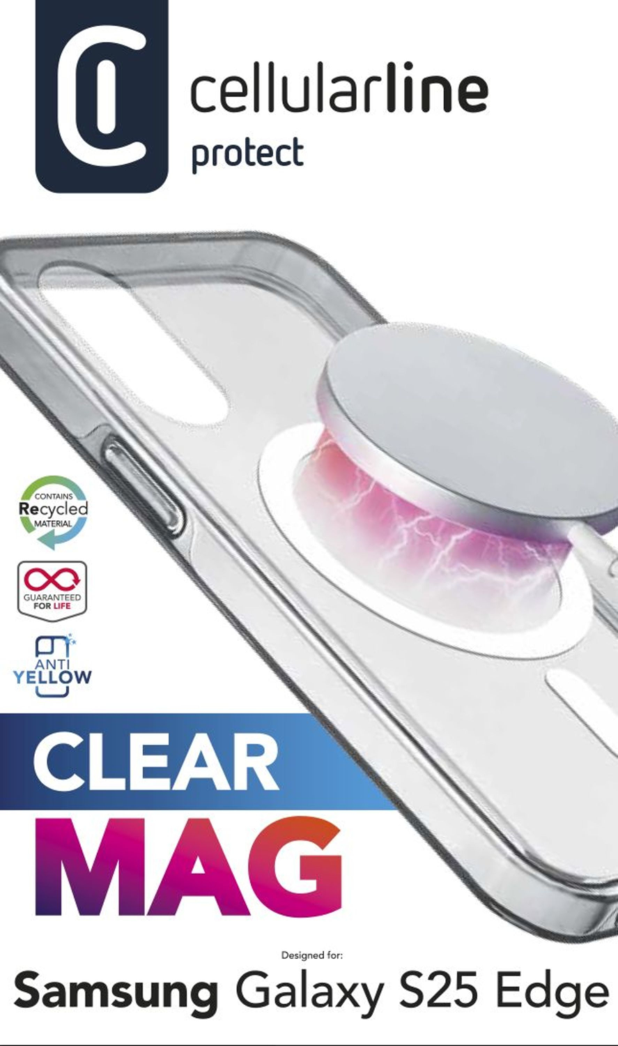 Funda transparente con cargador acoplado. El cargador emite un brillo rosado.