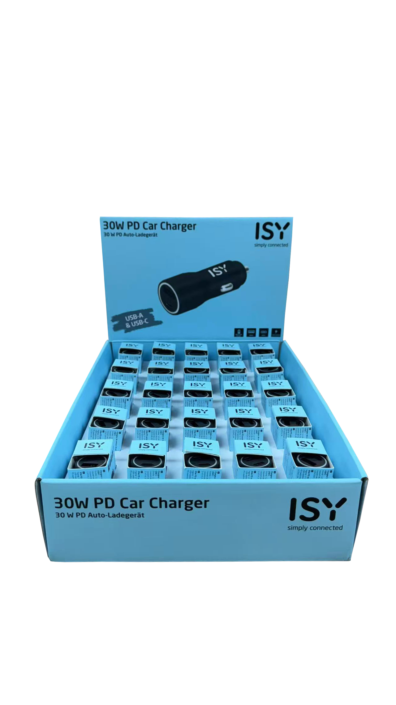Displaybox mit mehreren ISY-Autoladegeräten. Die Box ist hellblau. Ladegeräte sind schwarz.