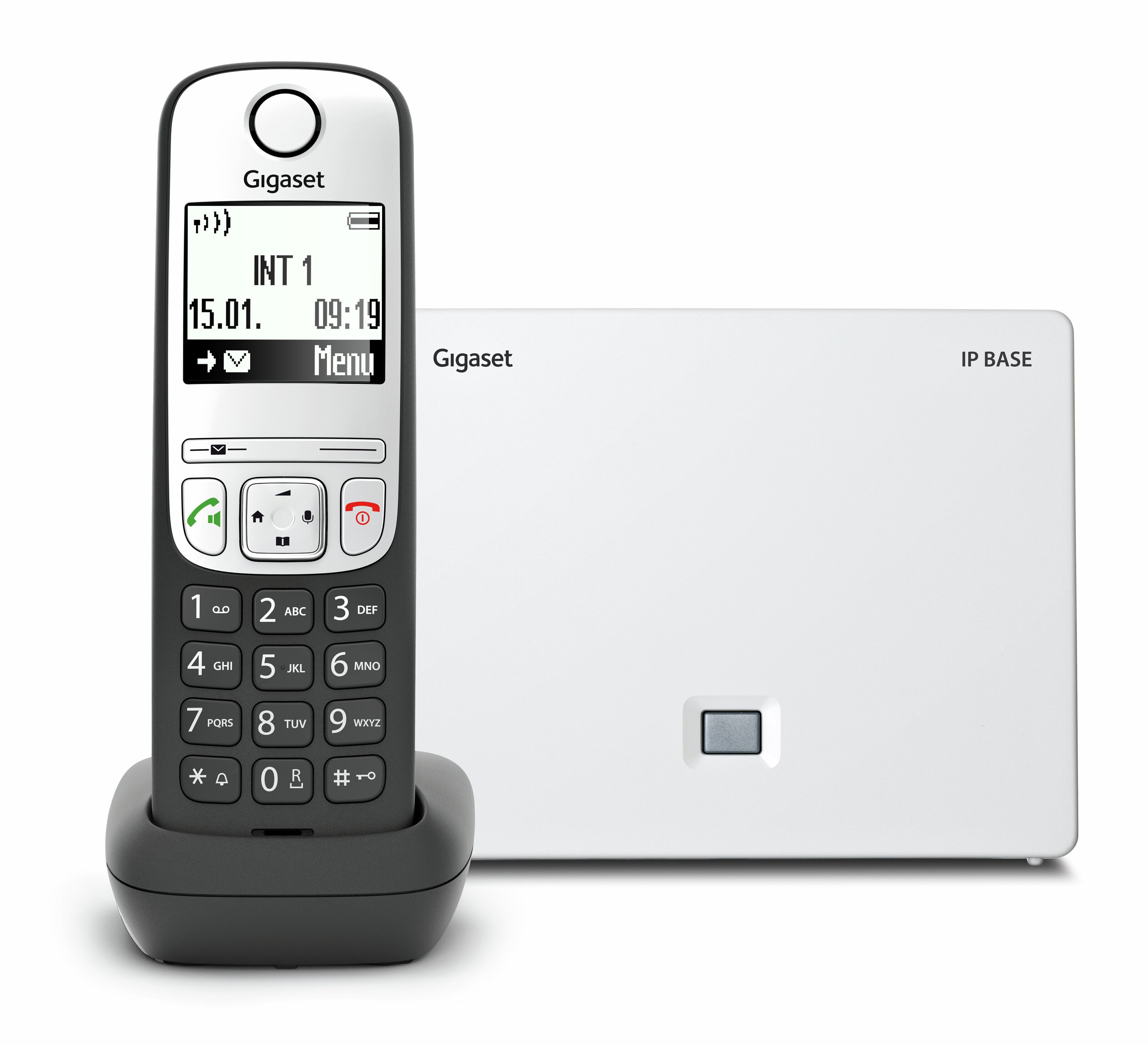Telefon bezprzewodowy z 'INT 1' i godziną oraz stacja bazowa z logo Gigaset.