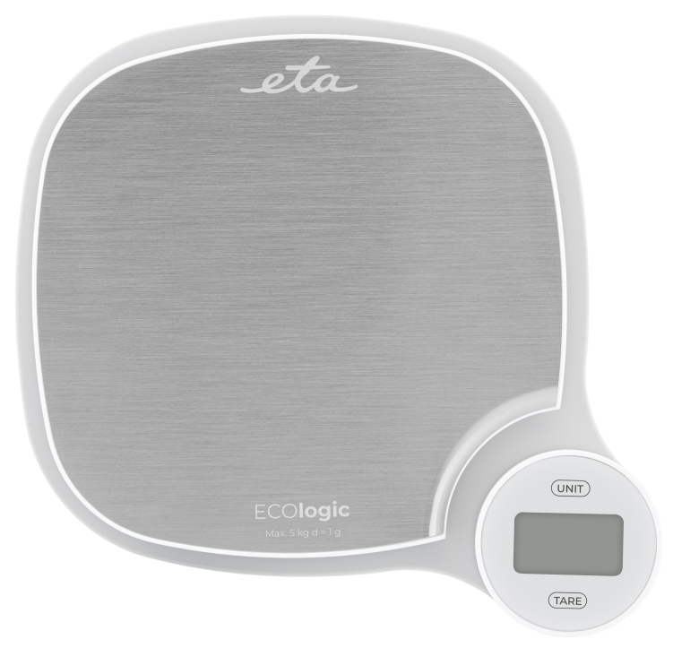 Egy fehér és ezüst digitális konyhai mérleg, a márka az 'eta Ecologic'. A kijelző nulla.
