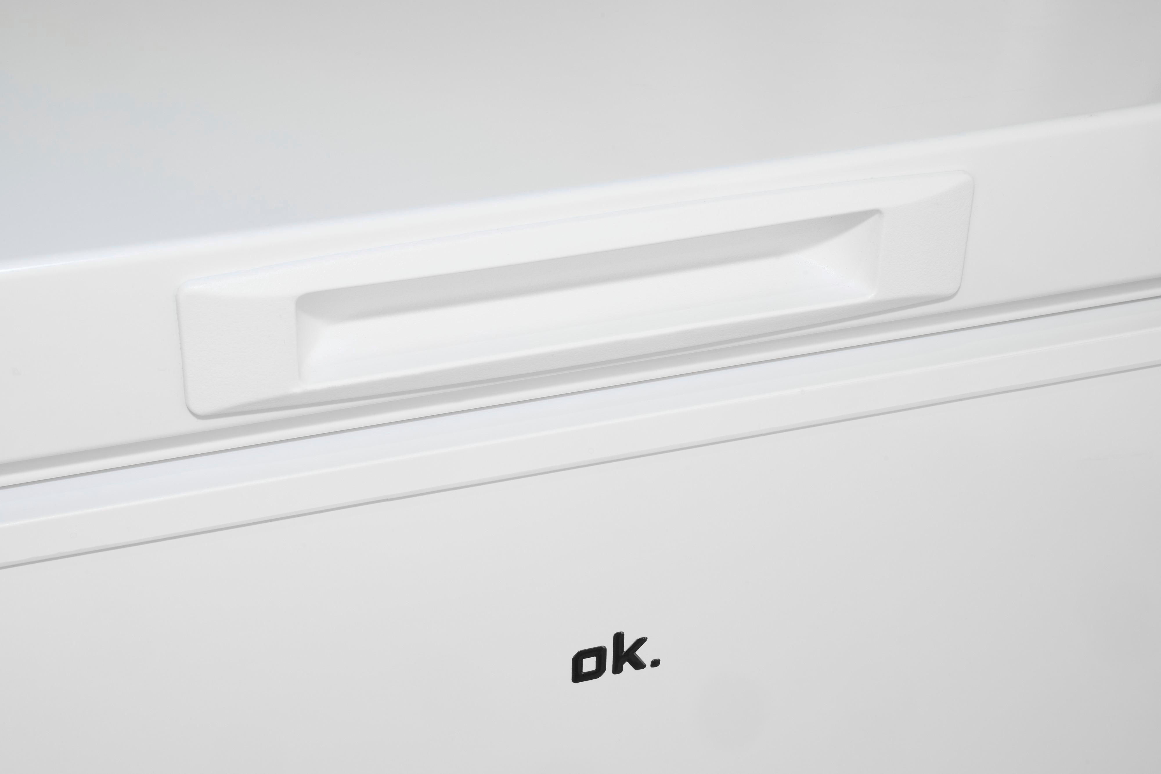 Truhen-Gefriertruhen-Griff, weiß, darunter das ok.-Logo.
