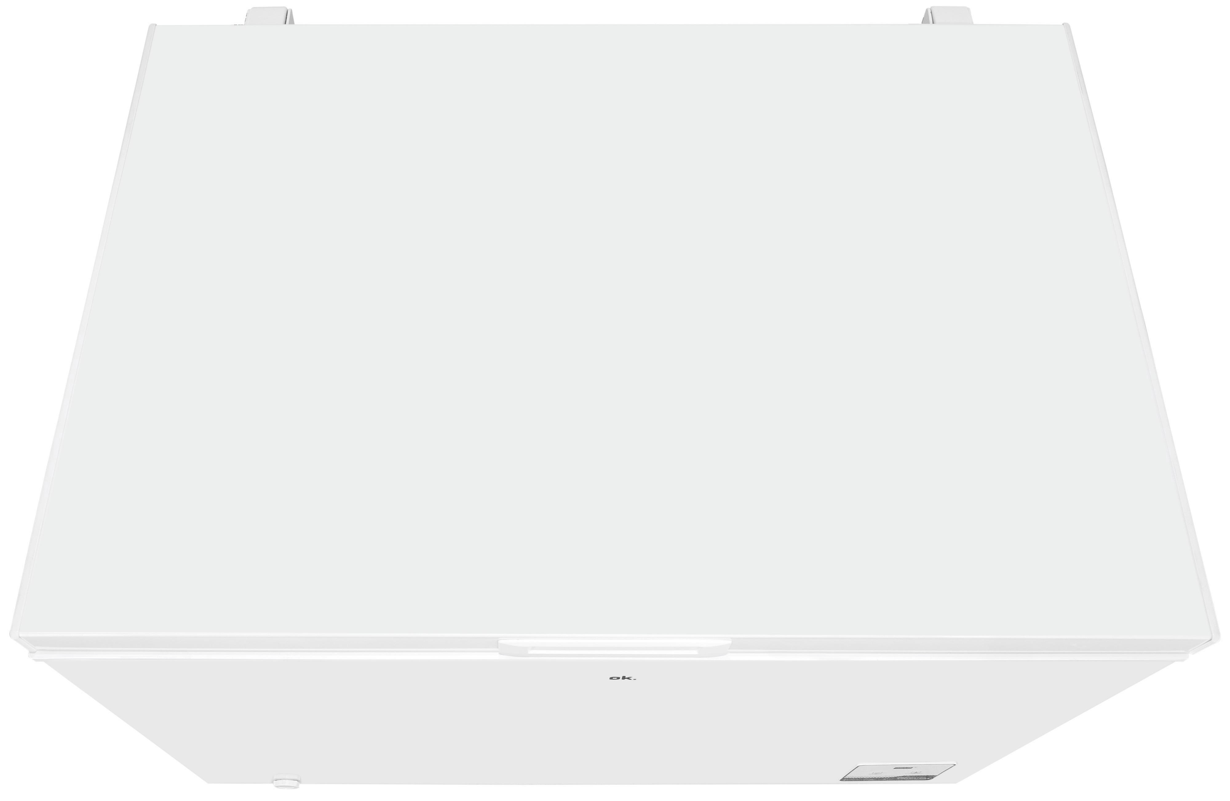 Truhen-Gefriertruhe, geöffnet, Innenraum mit Drahtkorbteiler zeigend.