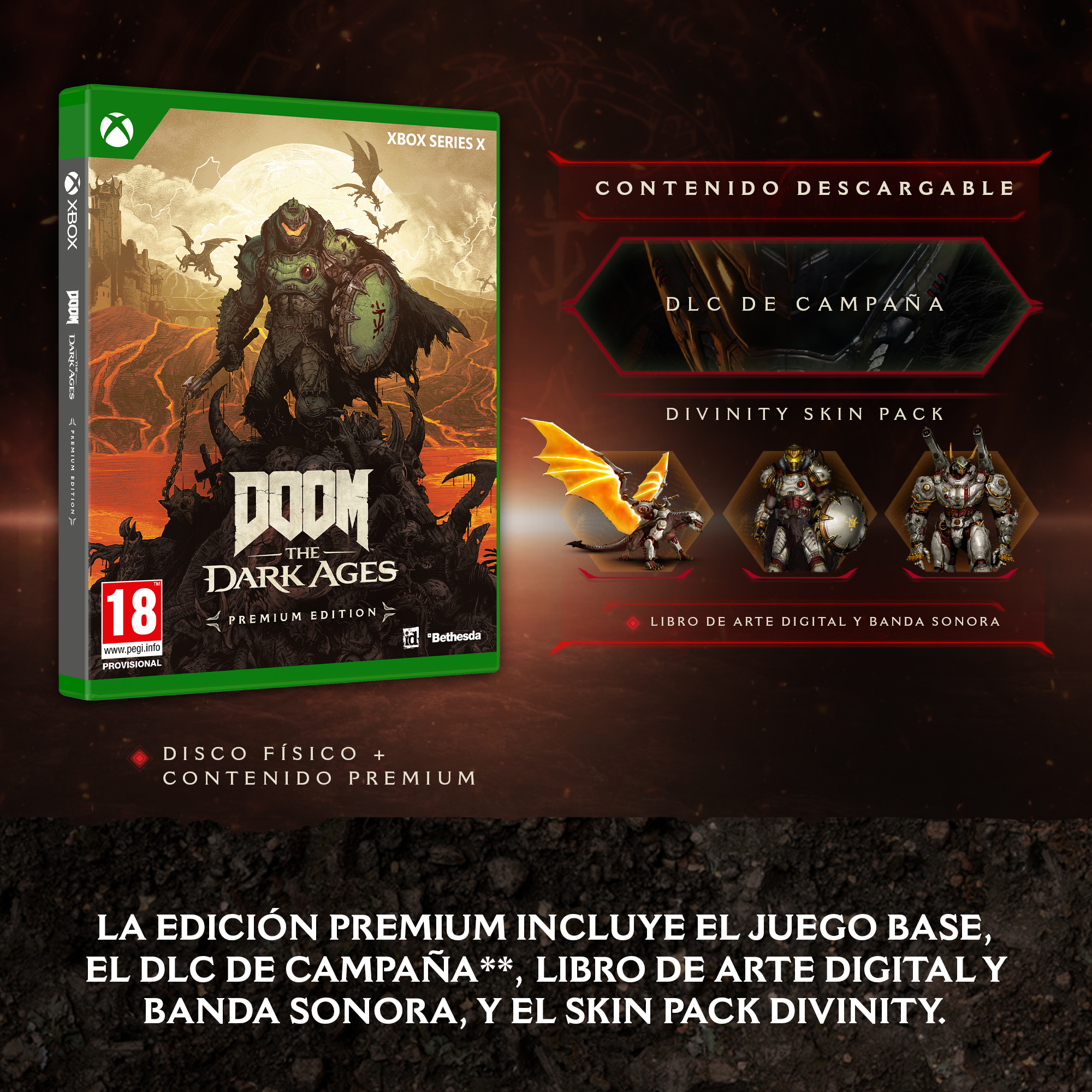 Caja del juego DOOM: The Dark Ages, con detalles de contenido premium.